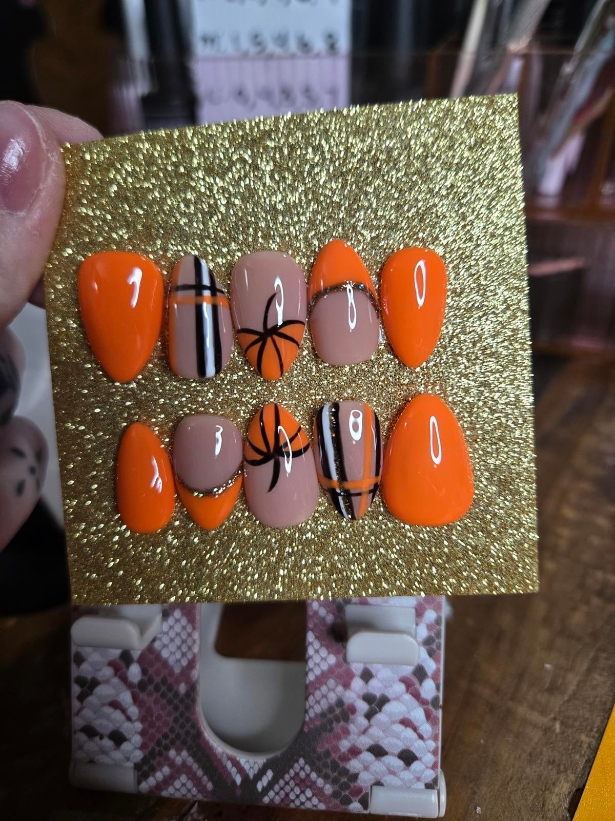 Fall pumpkin and plaid press on nails custom made
