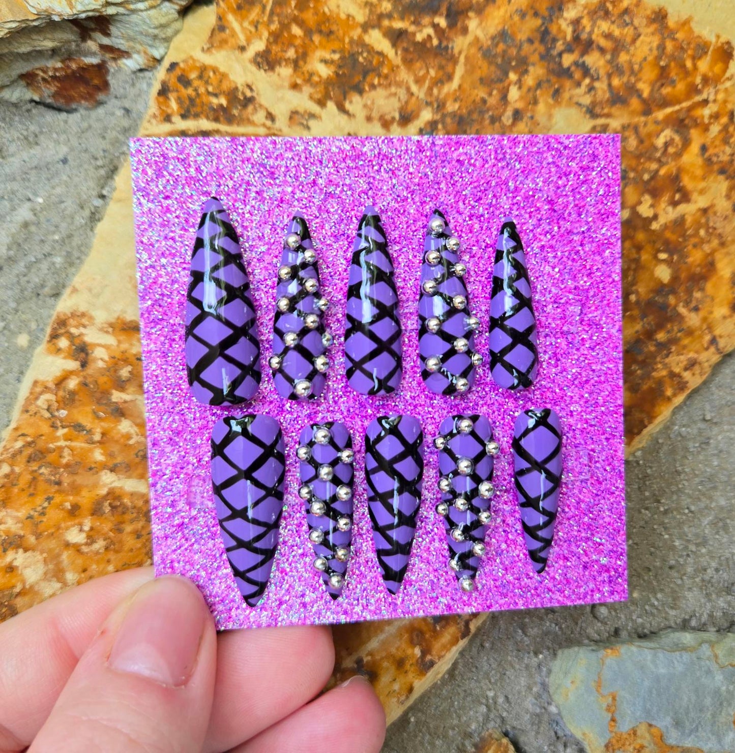 Purple and black lace up punk nails custom made