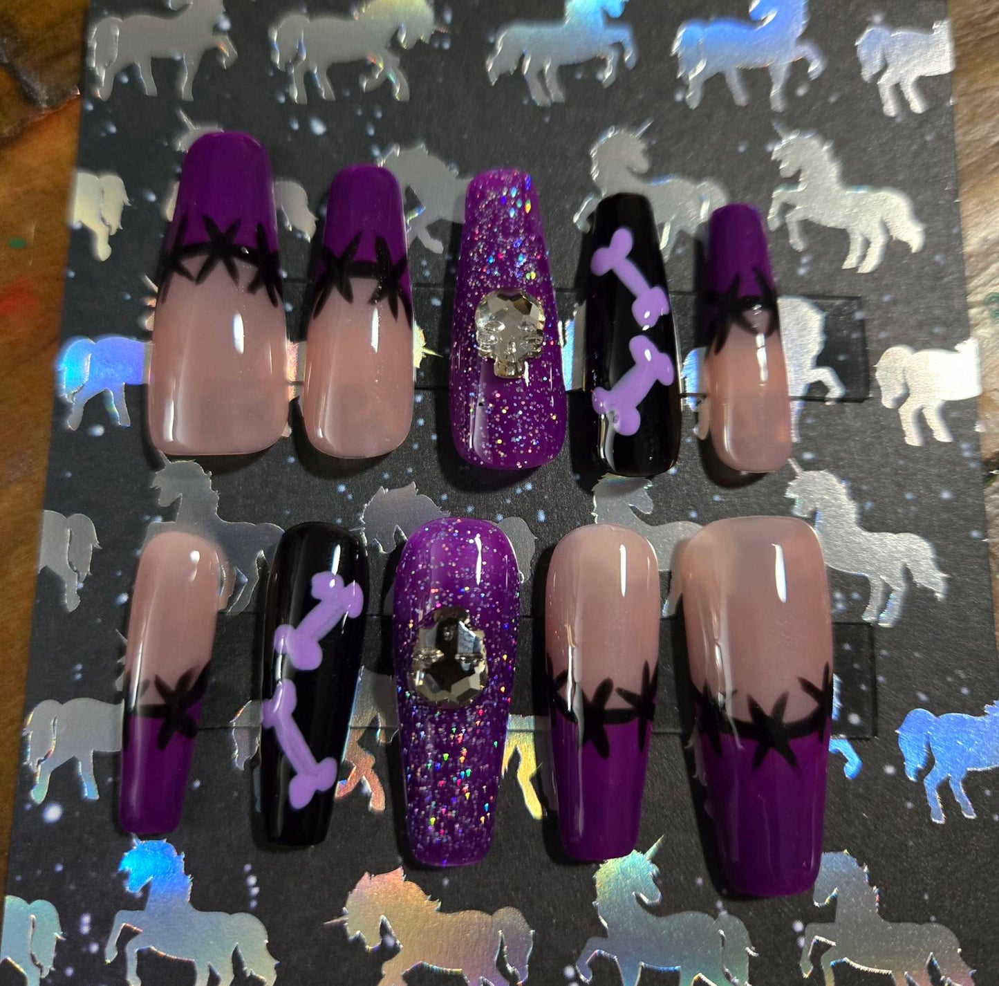 Halloween coffin shaped french tip with bones press on nails custom made