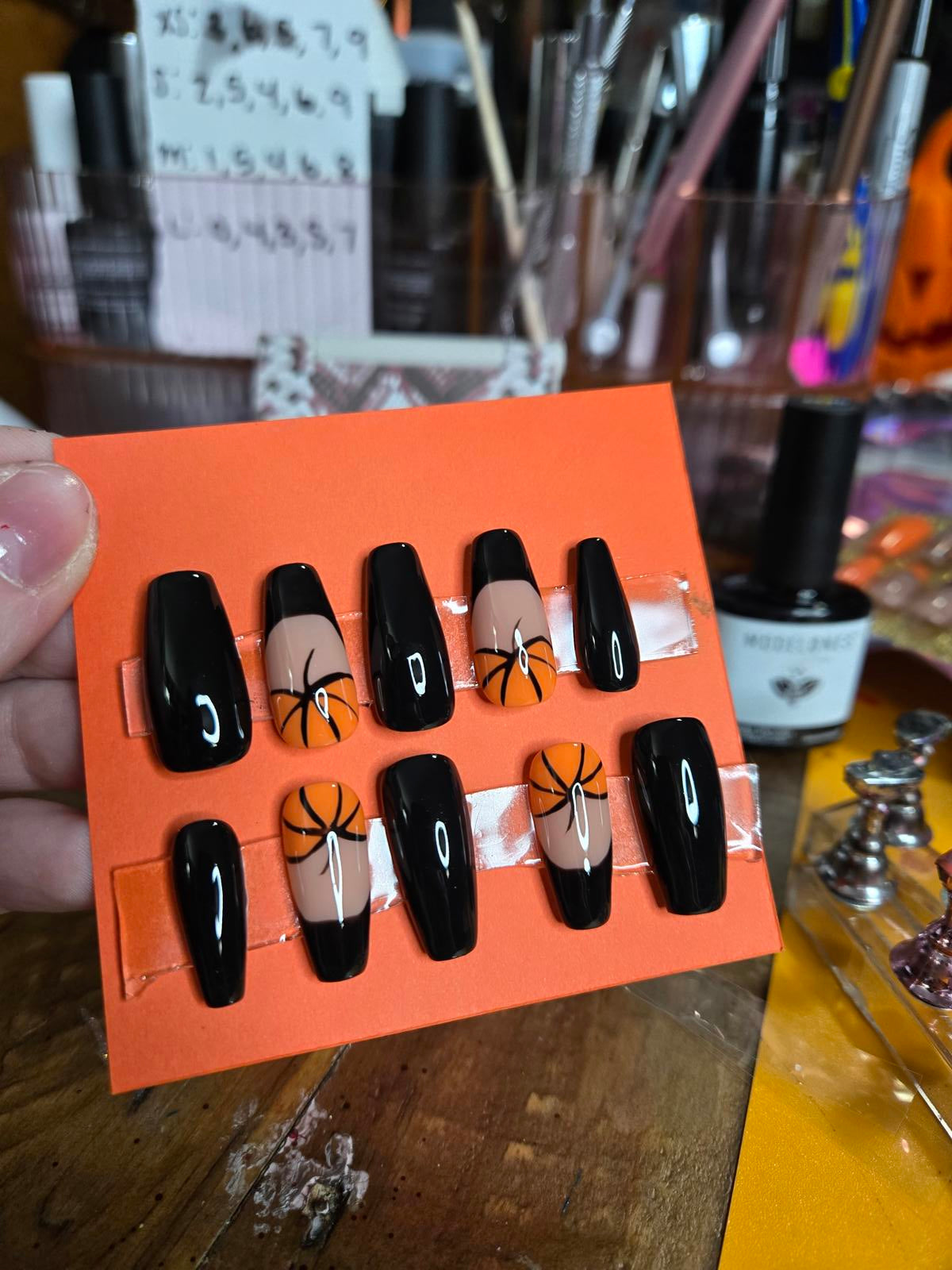 Halloween black and french pumpkin press on nails custom made
