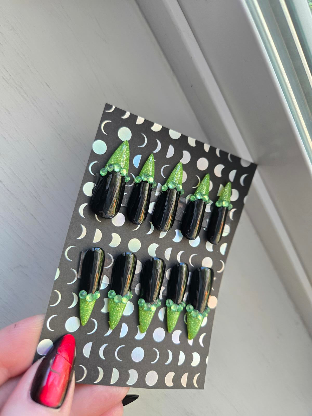 Black and glitter green french tip rhinestone press on nails custom made