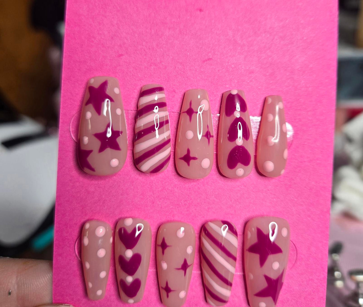 Pink and magenta stars and hearts nails custom made