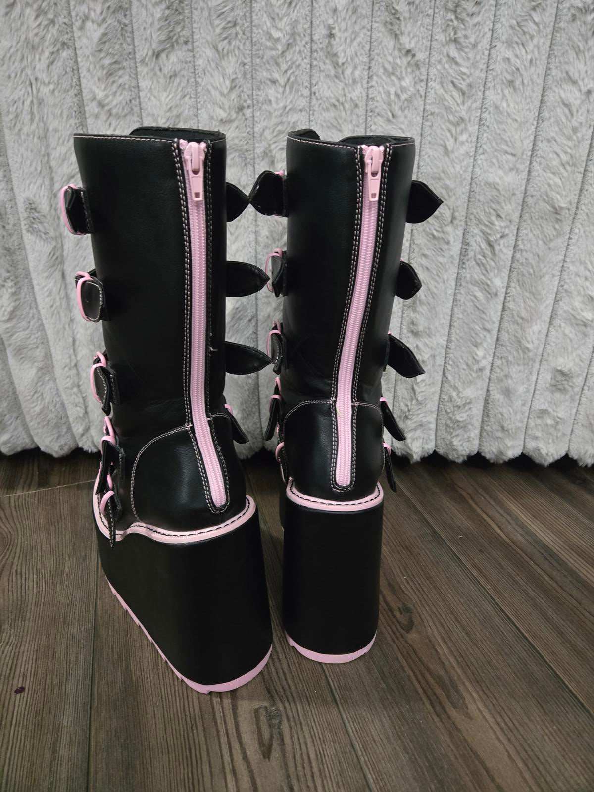 Pastel goth platform boots pink hearts with buckles