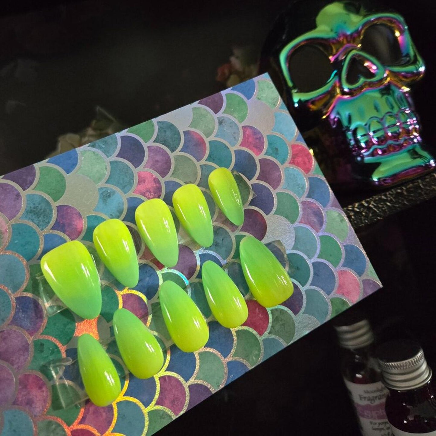 Electric green ombre almond shaped press on nails