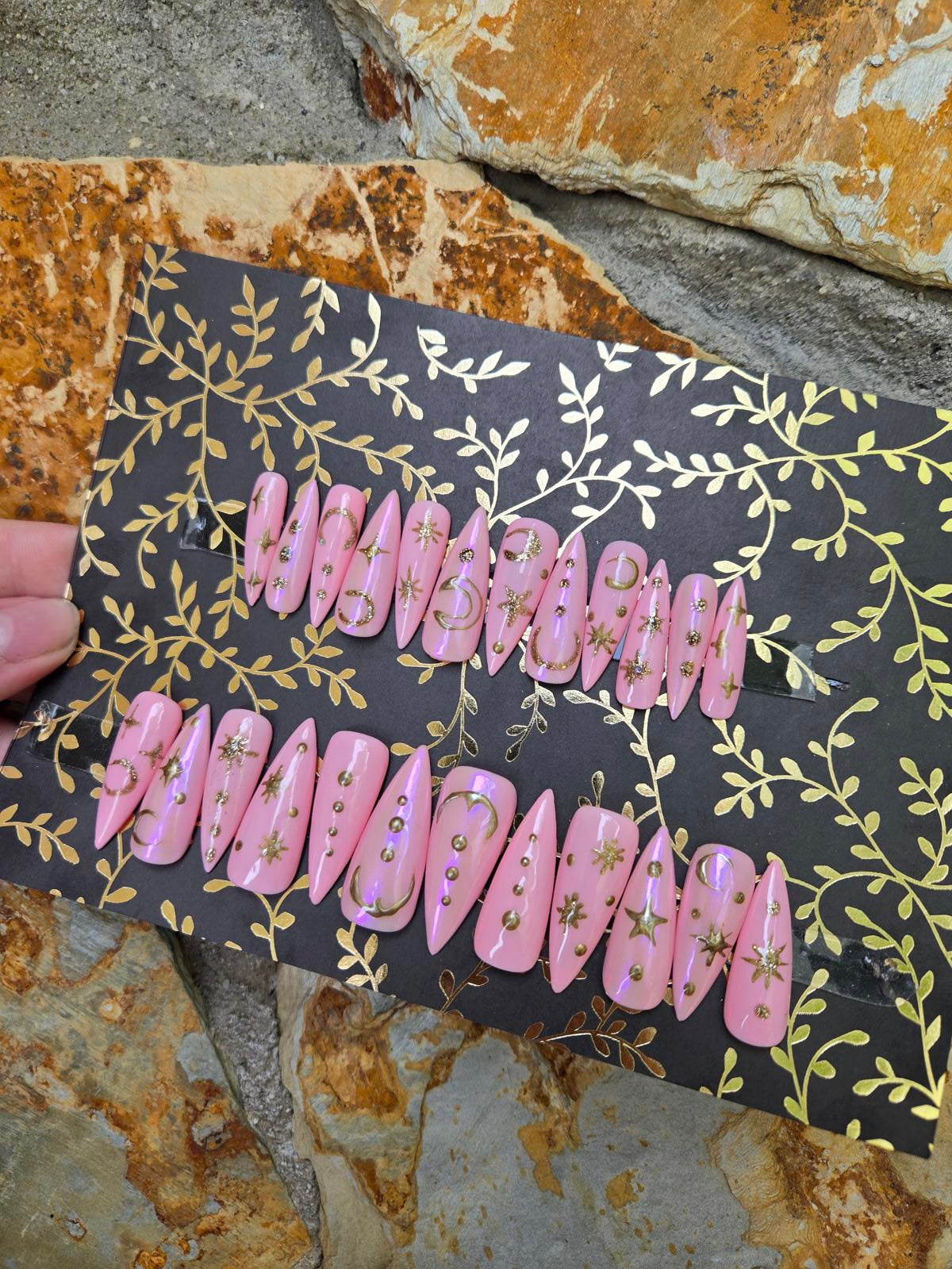 Light pink and gold celestial nails custom made