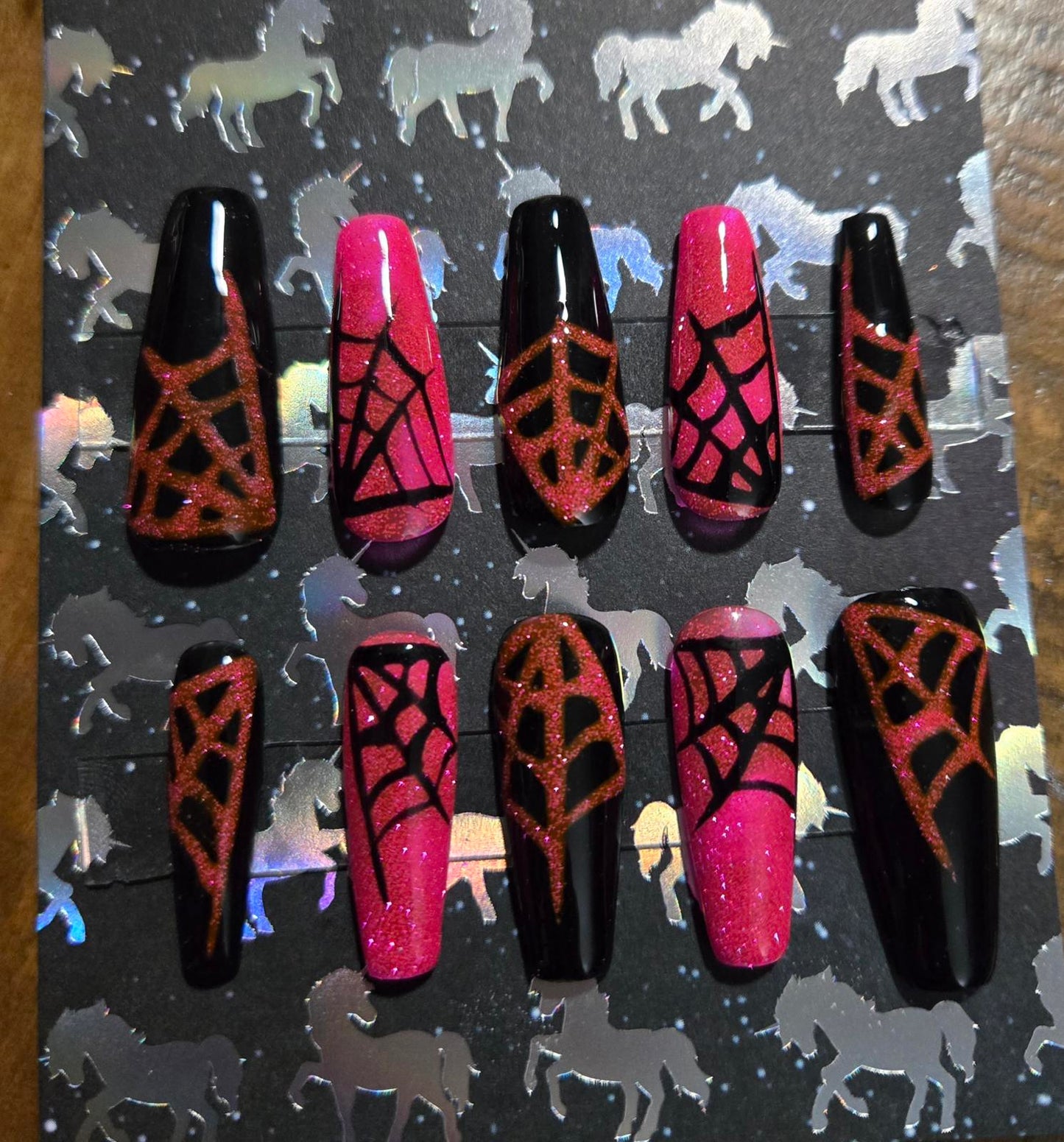 Halloween black and pink spiderweb glitter press on nails custom made