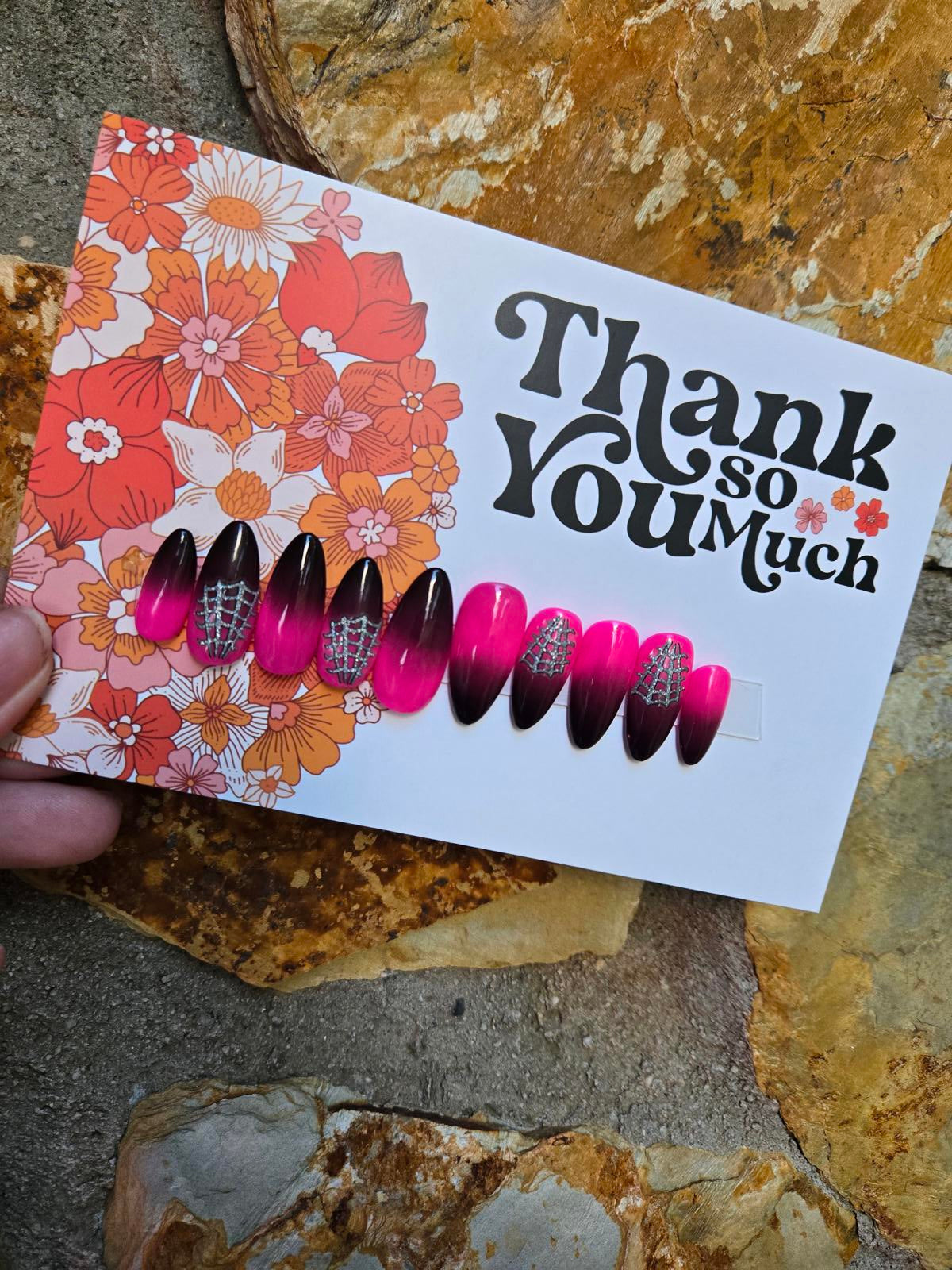 Hot pink and black ombre spiderweb nails custom made