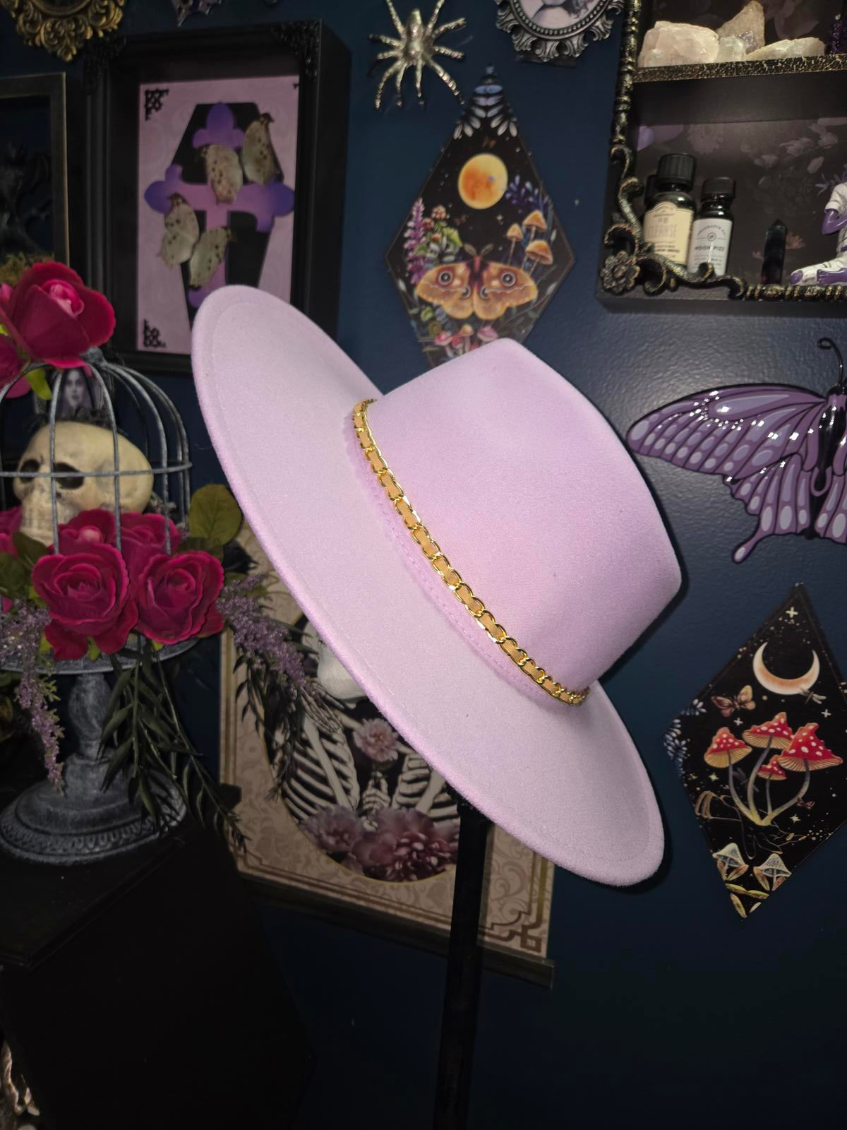 Lilac vegan suede wide brim fedora hat with glitter succulents