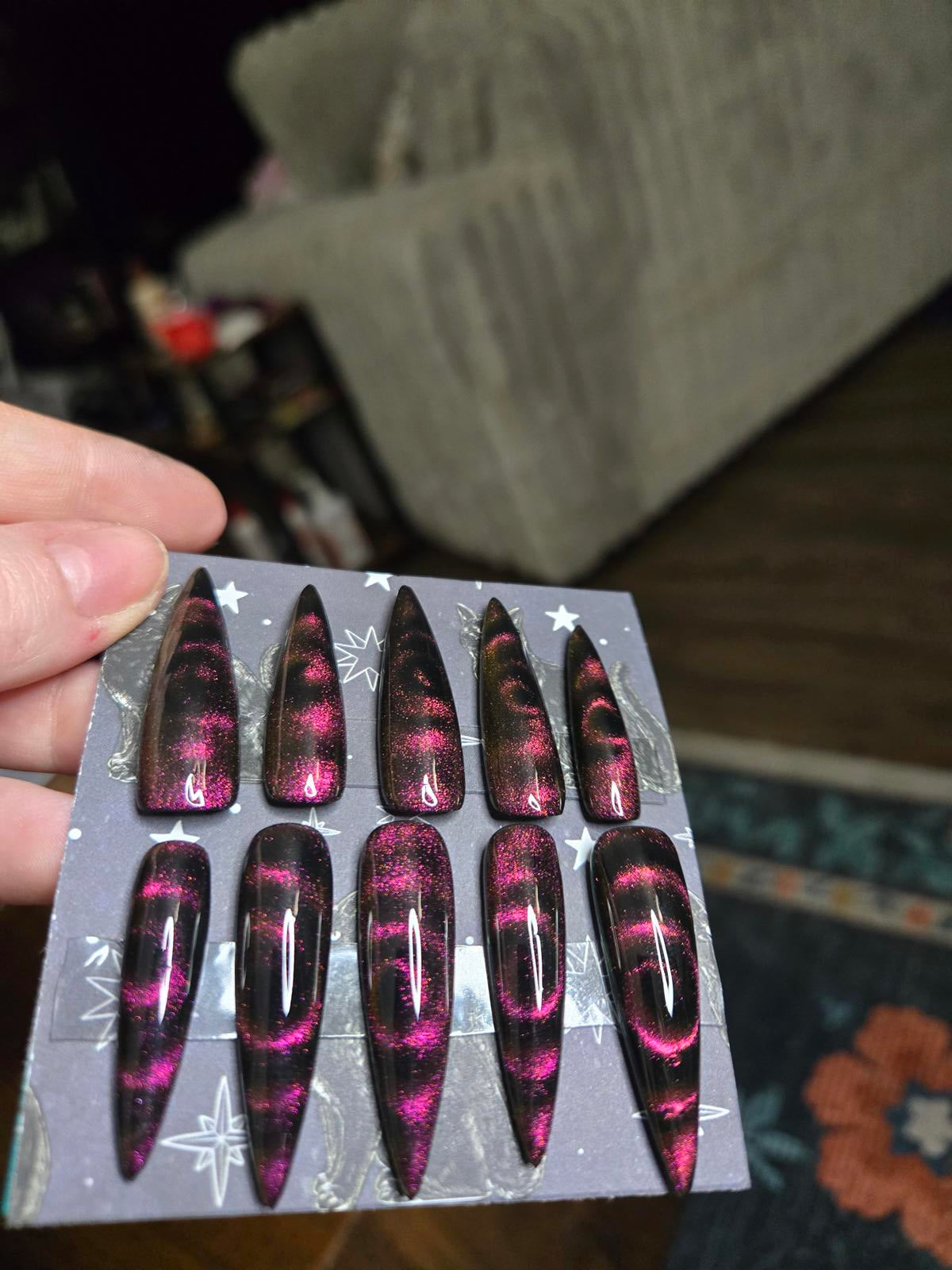 Extra long stiletto swirly cat eye nails custom made