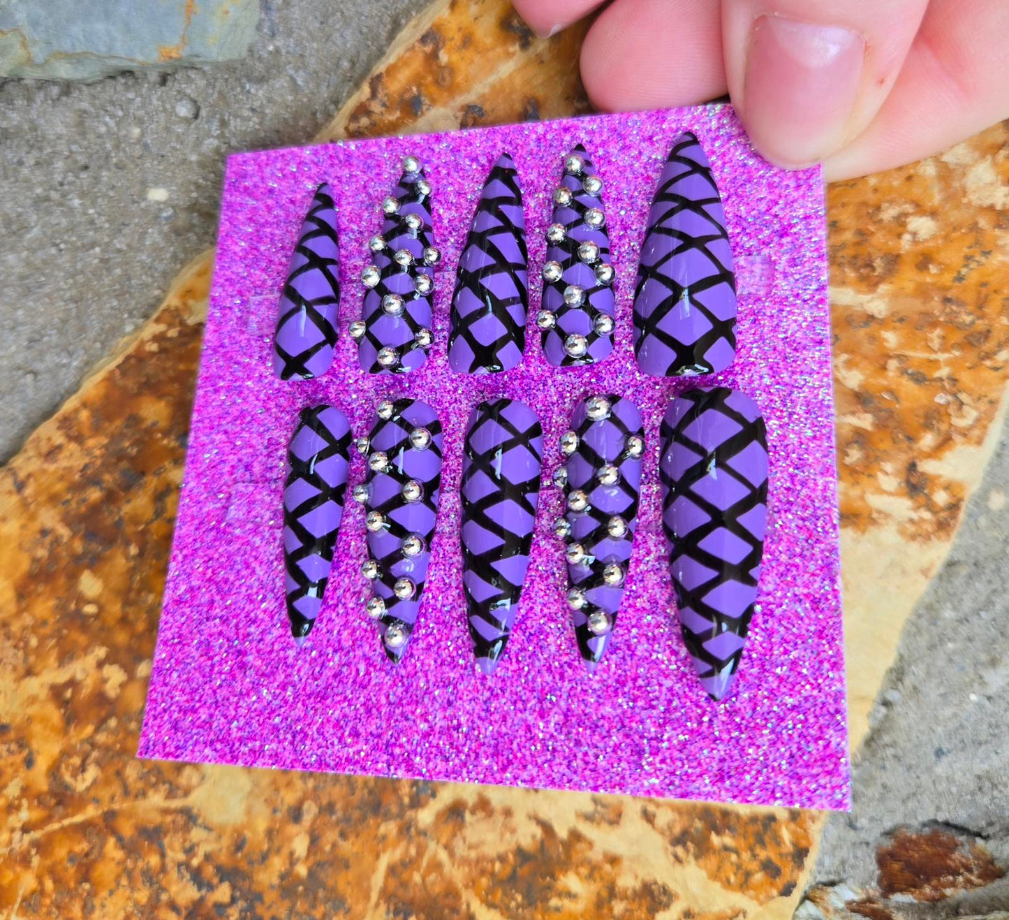 Purple and black lace up punk nails custom made