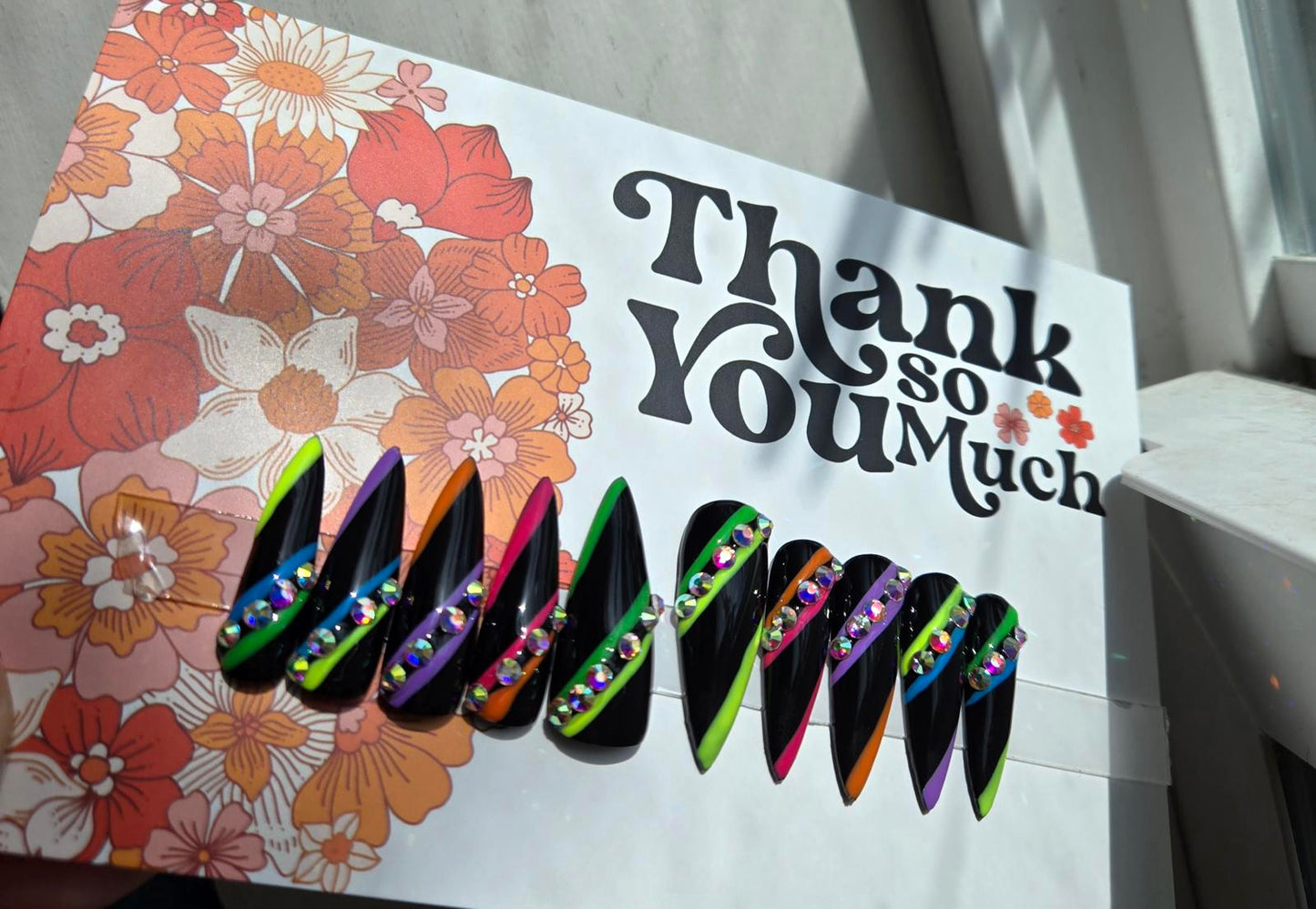 Black and rainbow bling press on nails custom made