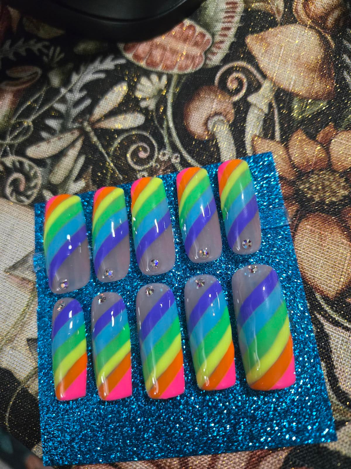 Rainbow striped square press on nails custom made