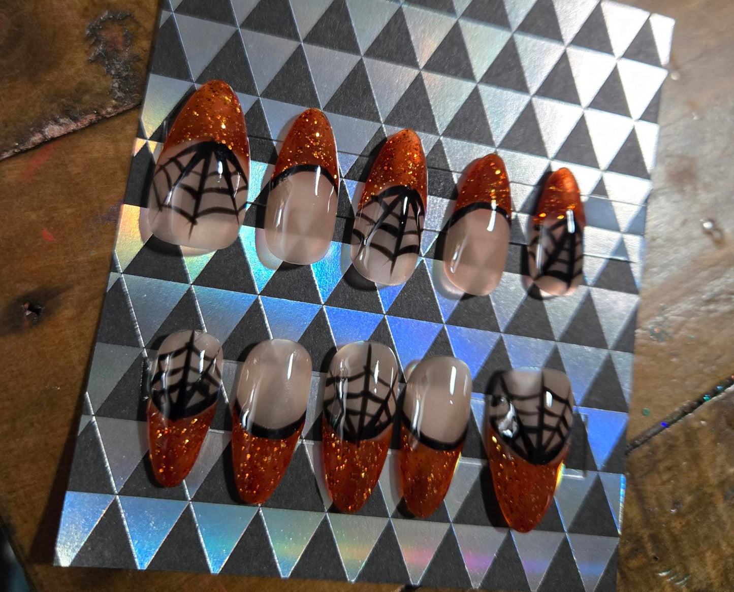 Almond orange glitter french tip with spiderwebs press on nails custom made