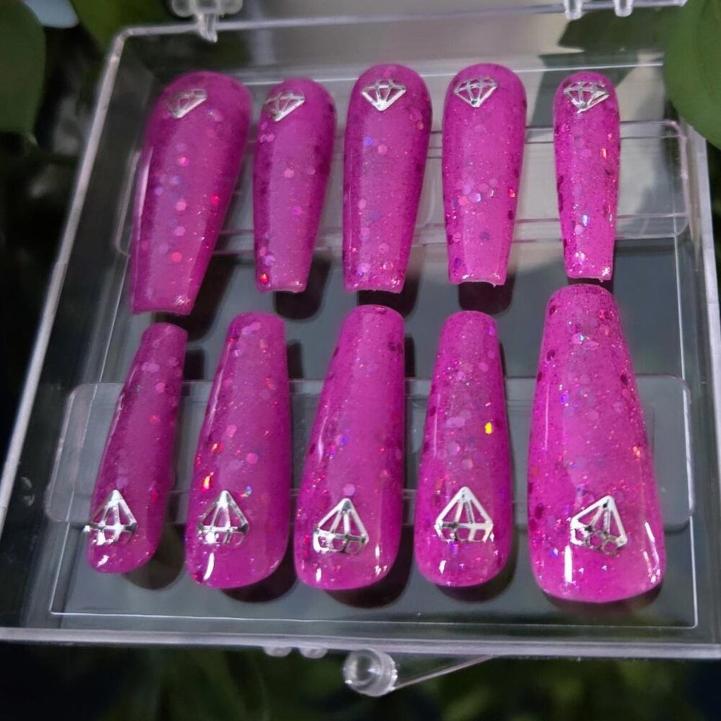 Ballerina shaped magenta sparkly press on custom nails