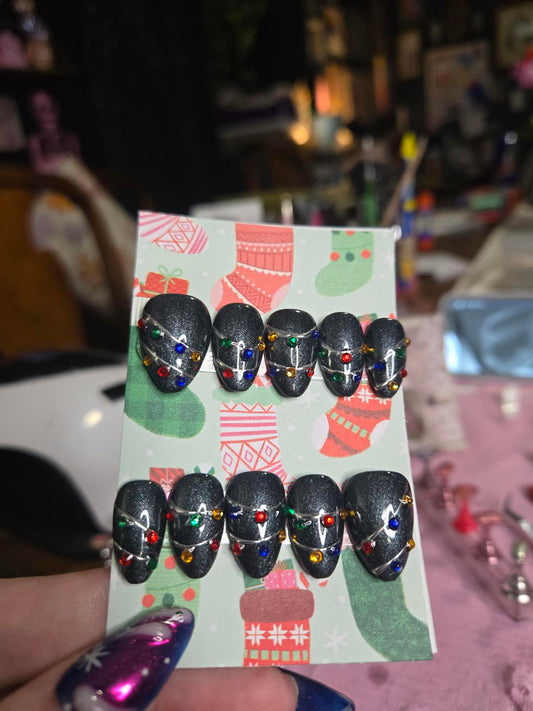 Black glittery christmas lights almond nails custom made