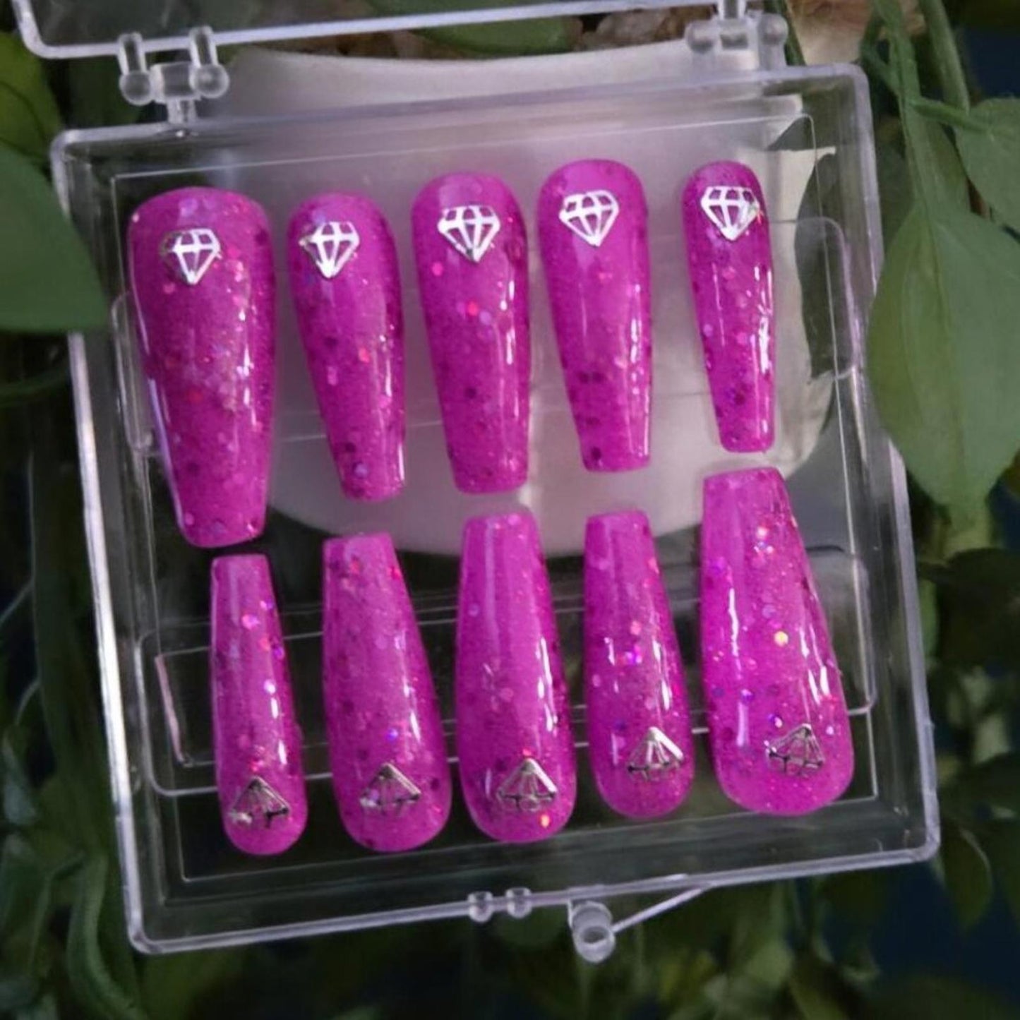 Ballerina shaped magenta sparkly press on custom nails