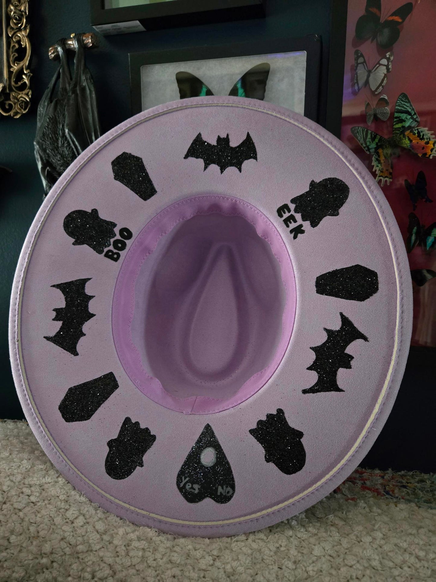 Lavender pastel goth hand painted witchy wide brim hat