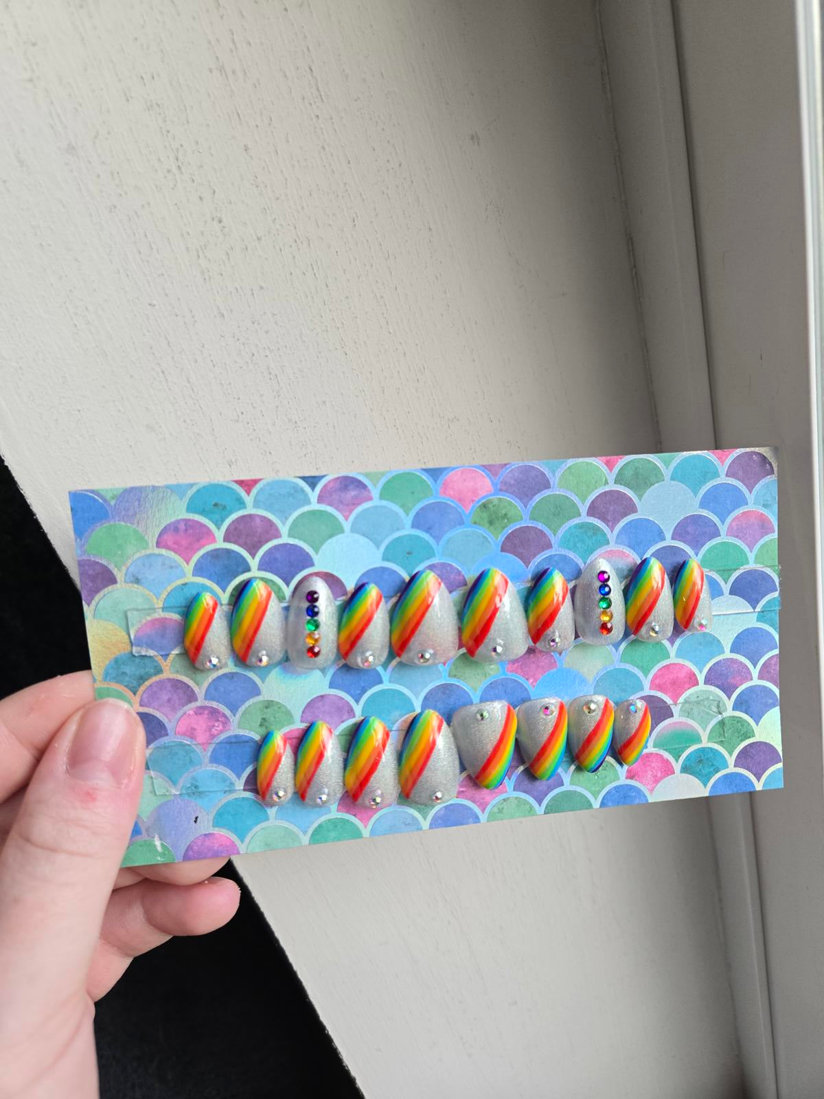 Almond shaped pride rainbow press on nails custom made