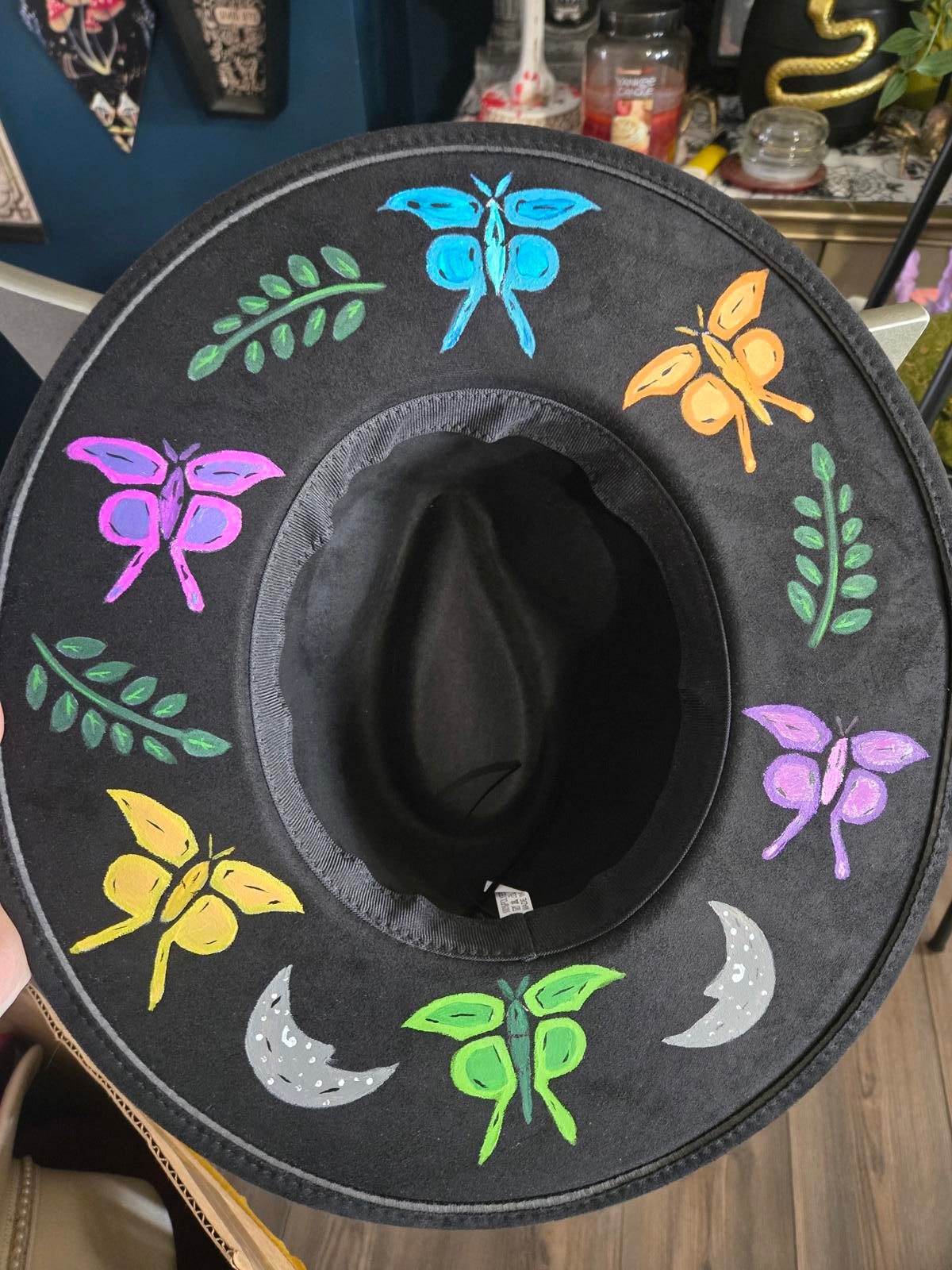 Hand painted fern and butterfly wide brim hat