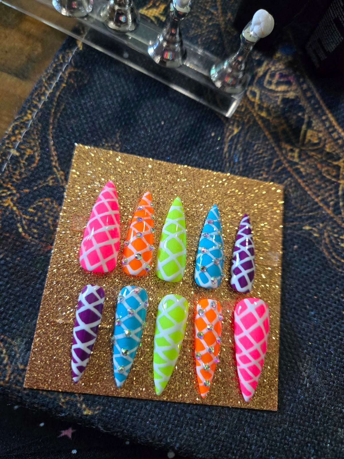 Corset stiletto neon press on nails custom made