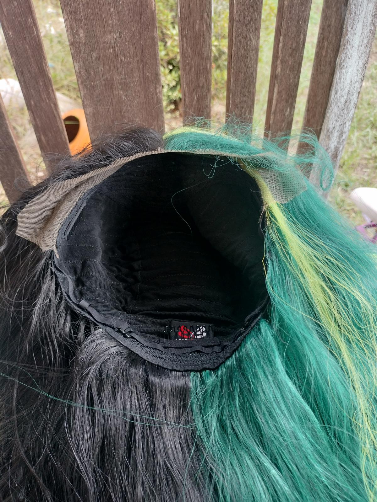 Split color green and black long wavy lace front wig