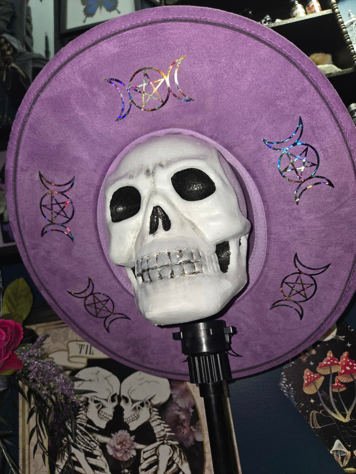 Purple vegan suede wide brim fedora hat with rainbow moon & pentagram