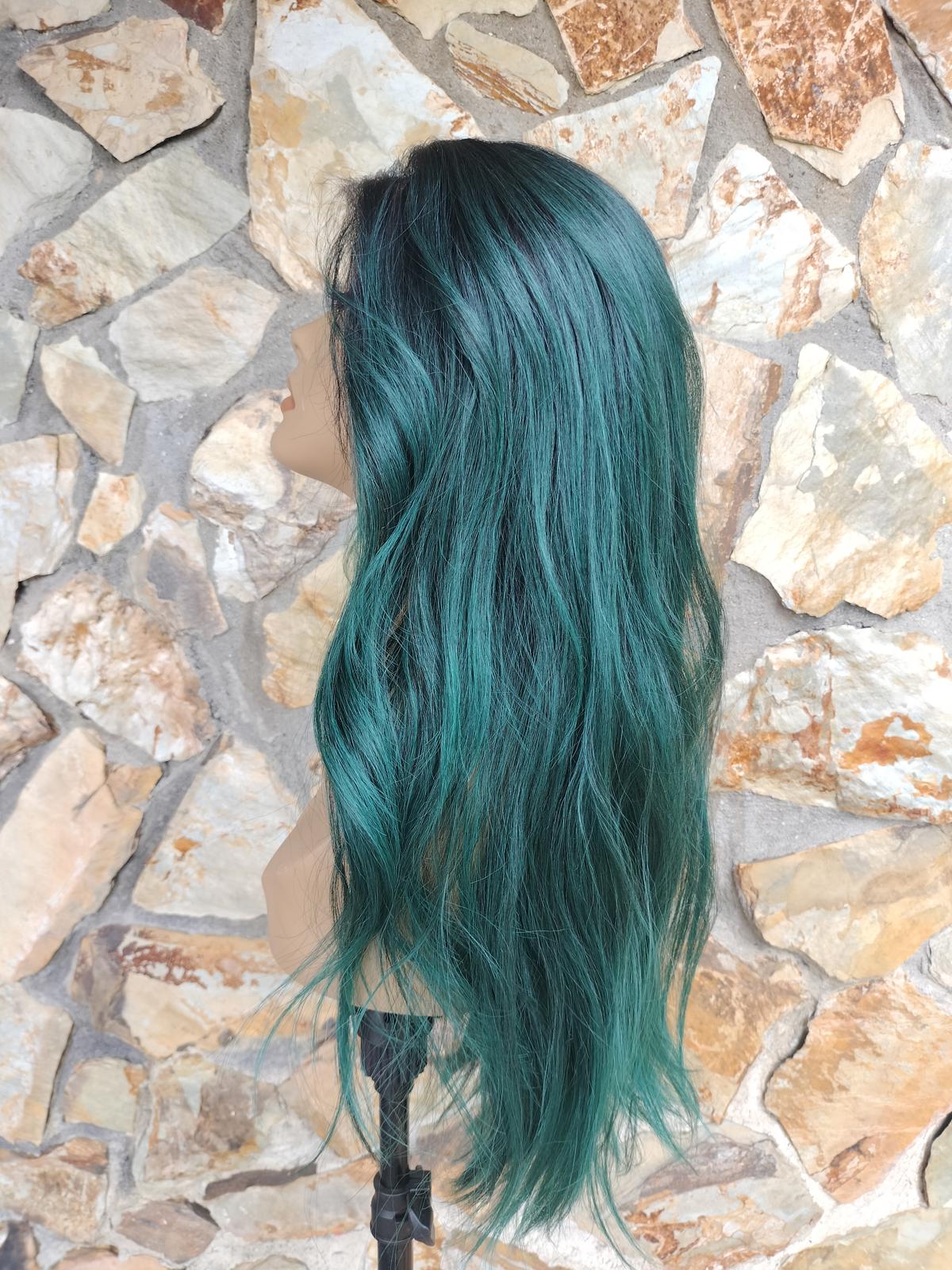 Emerald green wavy lace front wig with dark roots