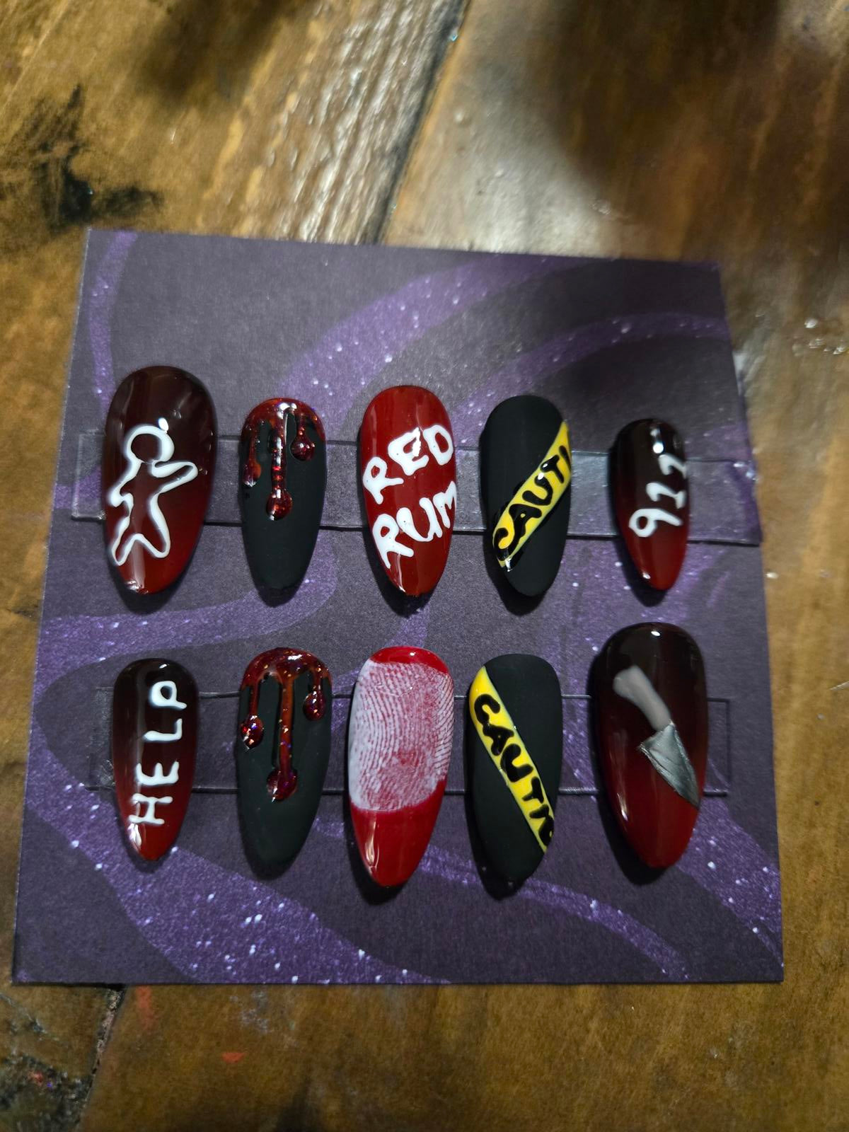 Crime scene redrum press on nails custom made