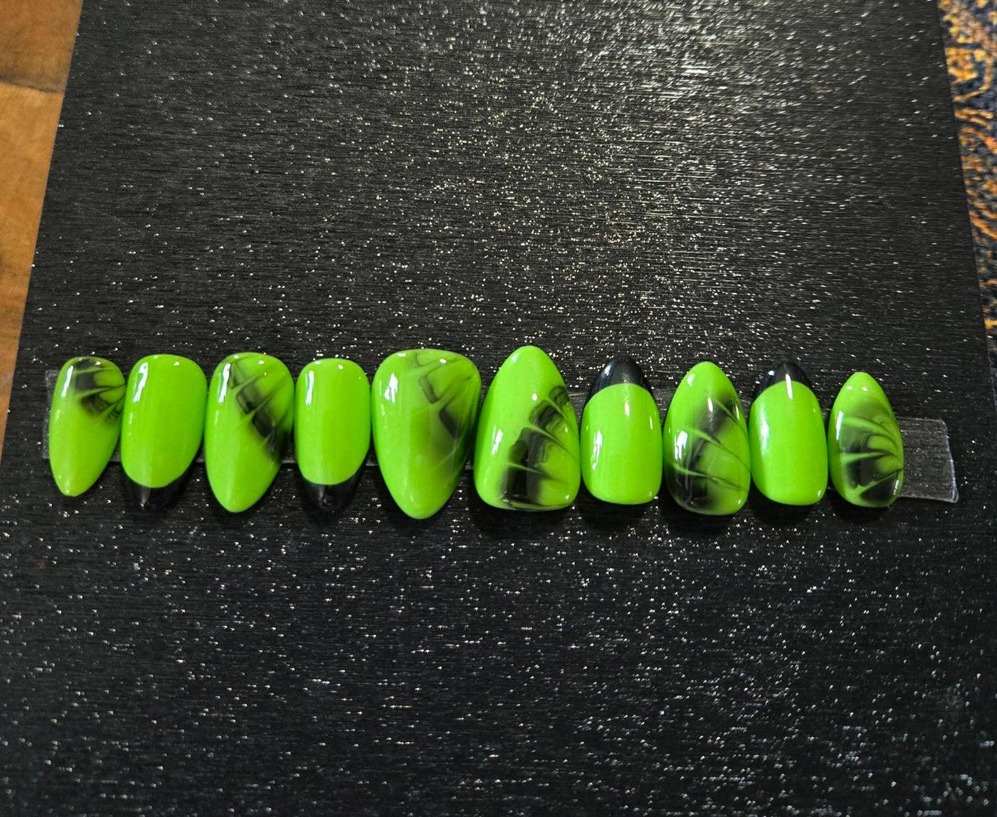 Neon green and black almond nails custom made