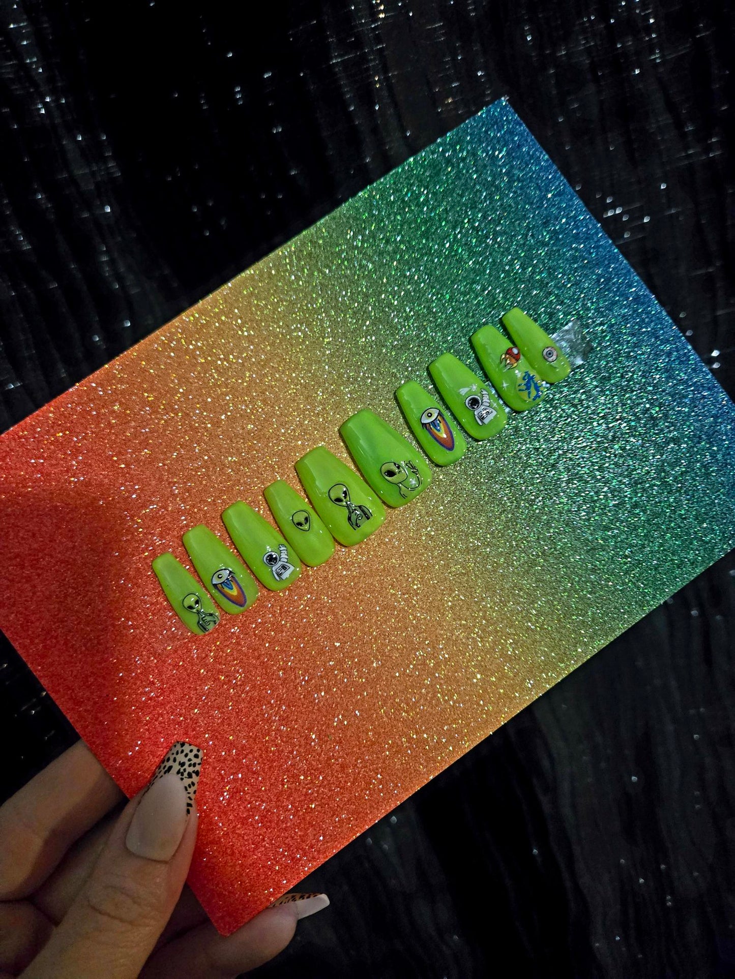 Colorful Alien Press-On Nails handmade made to order