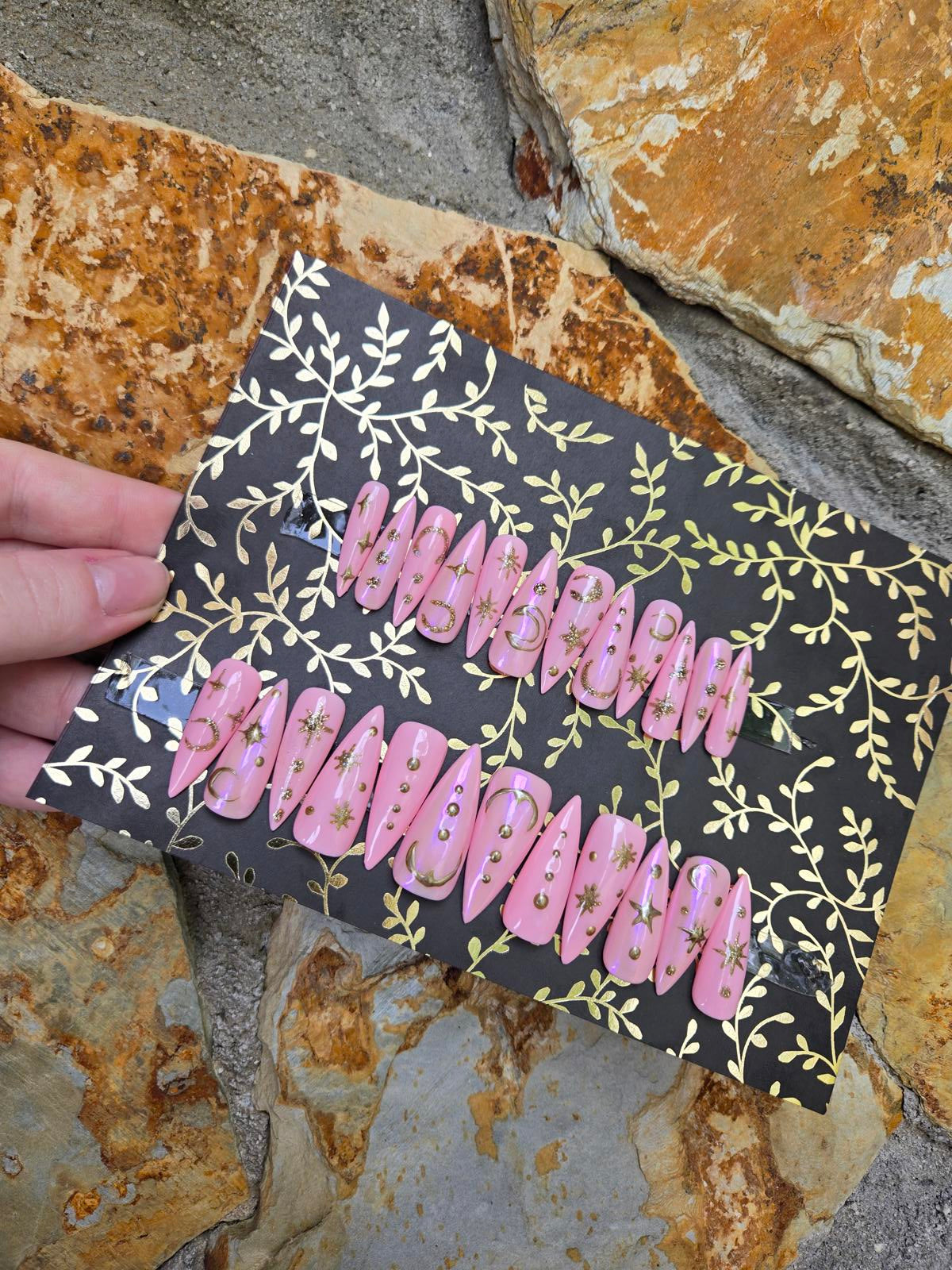 Light pink and gold celestial nails custom made