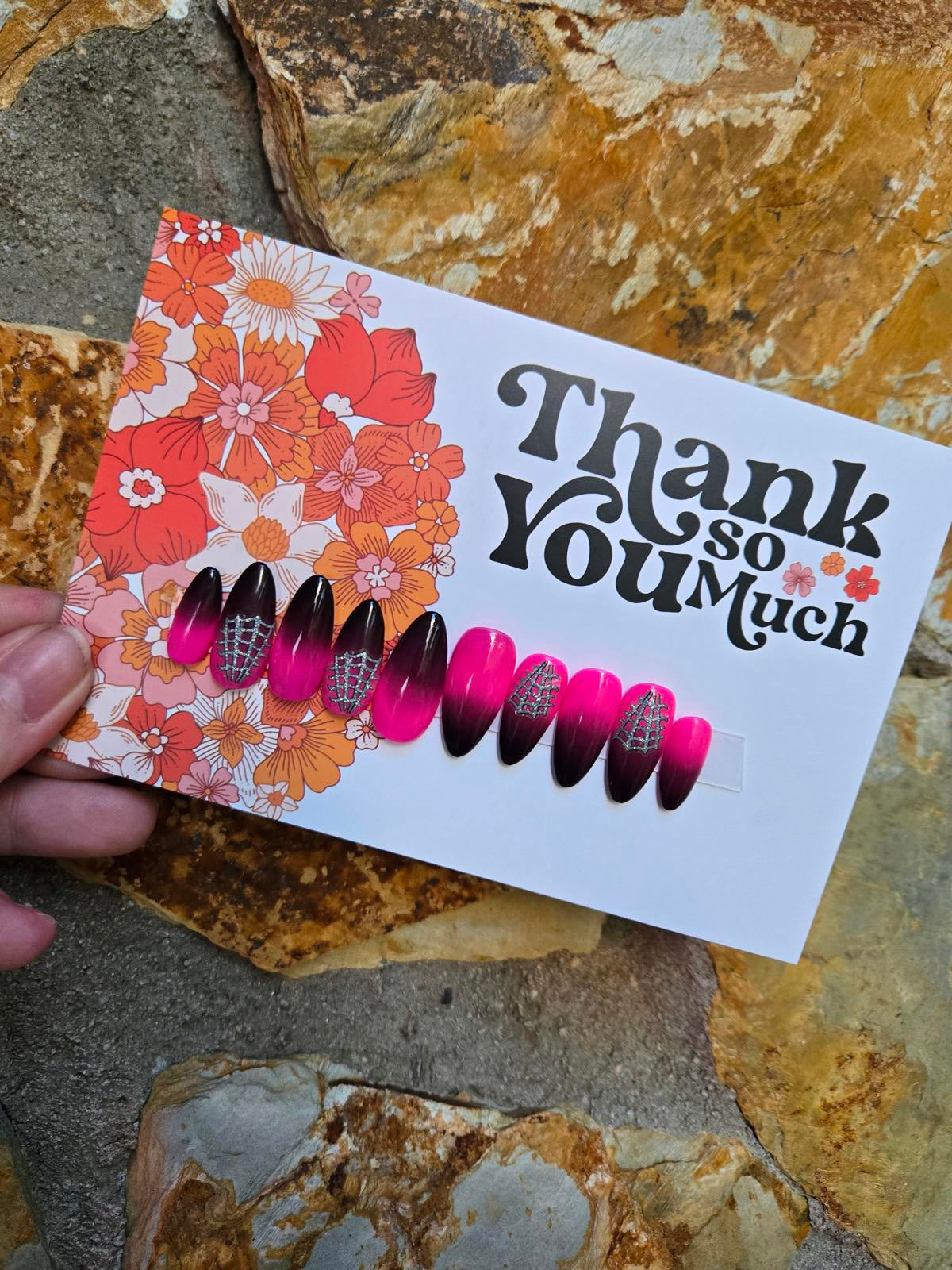 Hot pink and black ombre spiderweb nails custom made