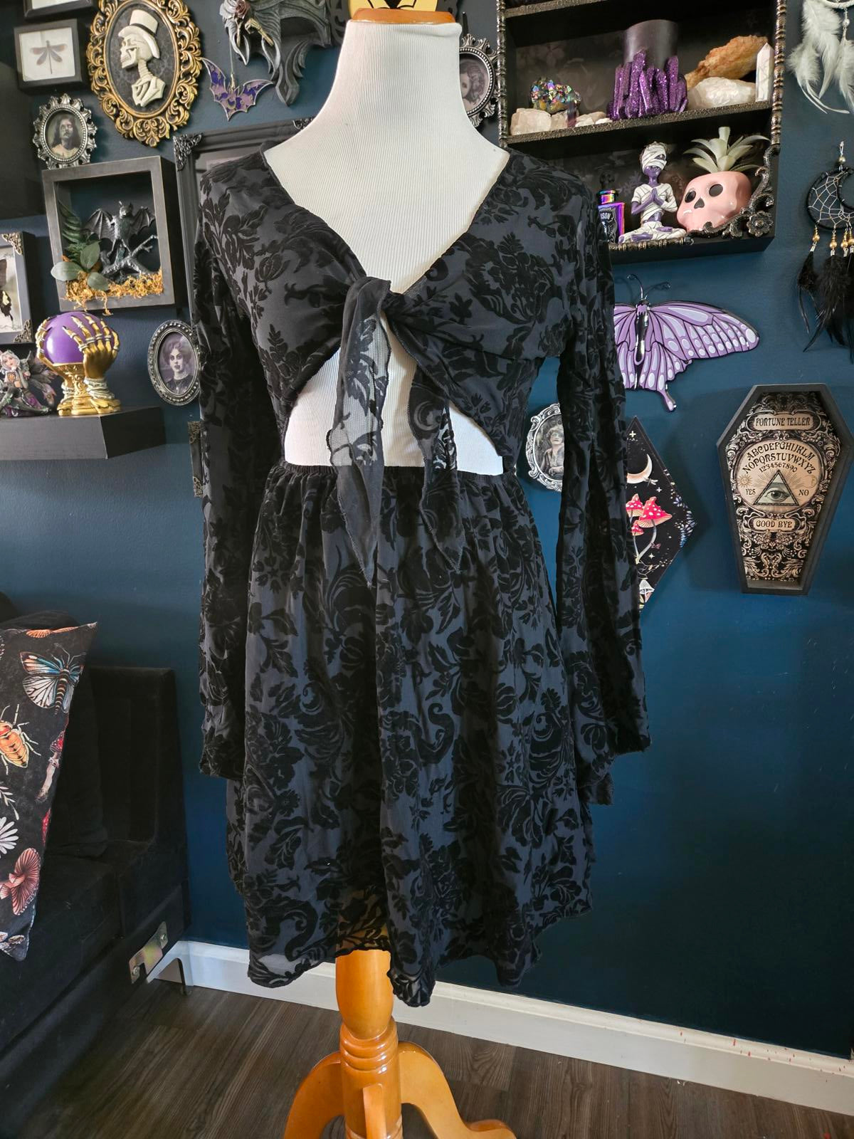 Black gothic whimsygoth tie front flocked dress