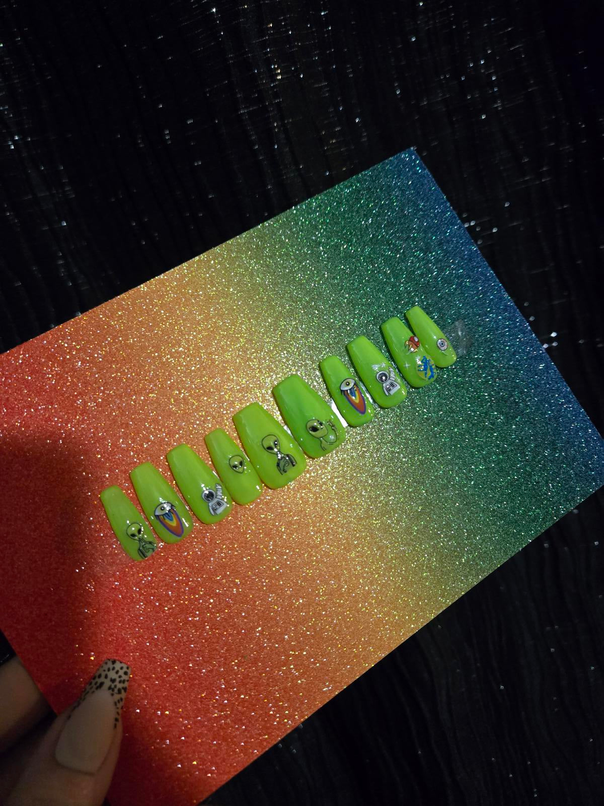 Colorful Alien Press-On Nails handmade made to order