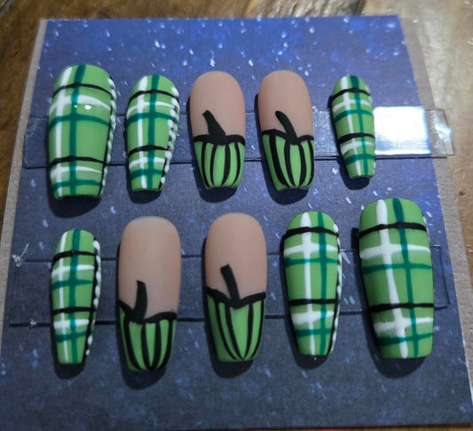 Flannel and pumpkins matte fall press on nails custom made
