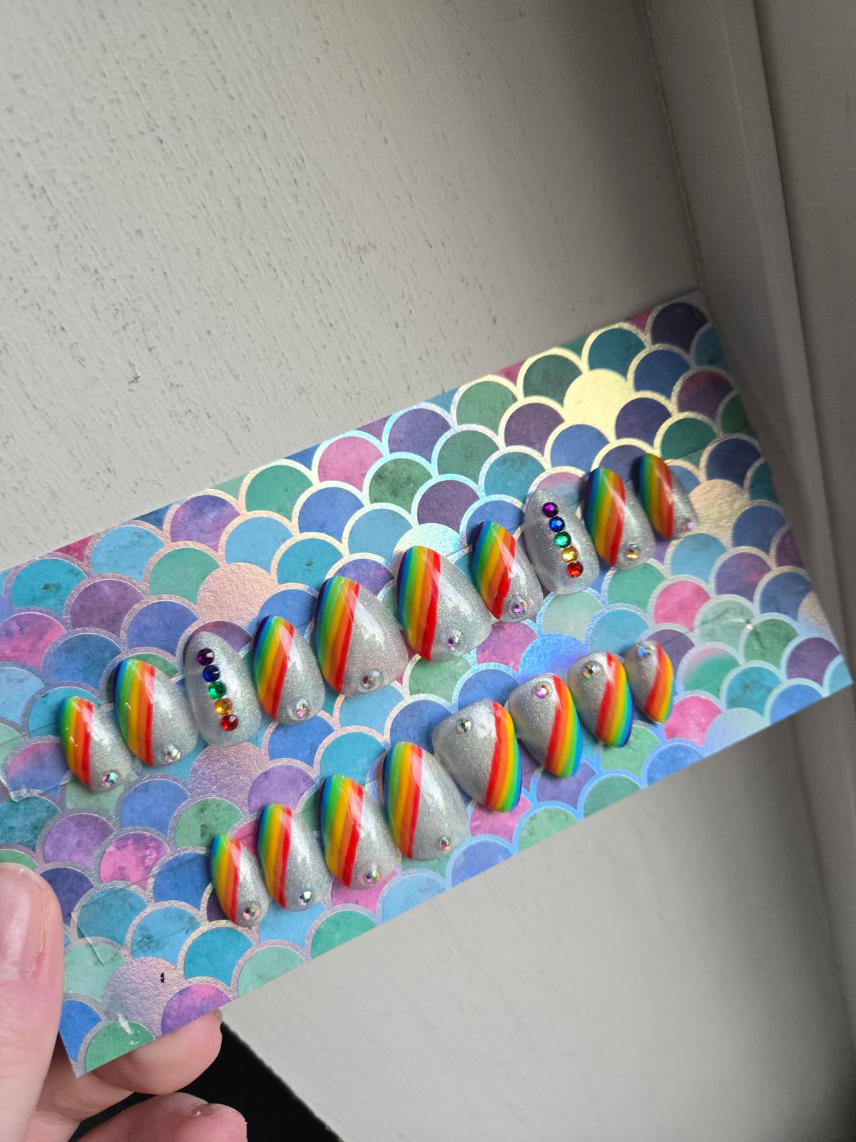 Almond shaped pride rainbow press on nails custom made