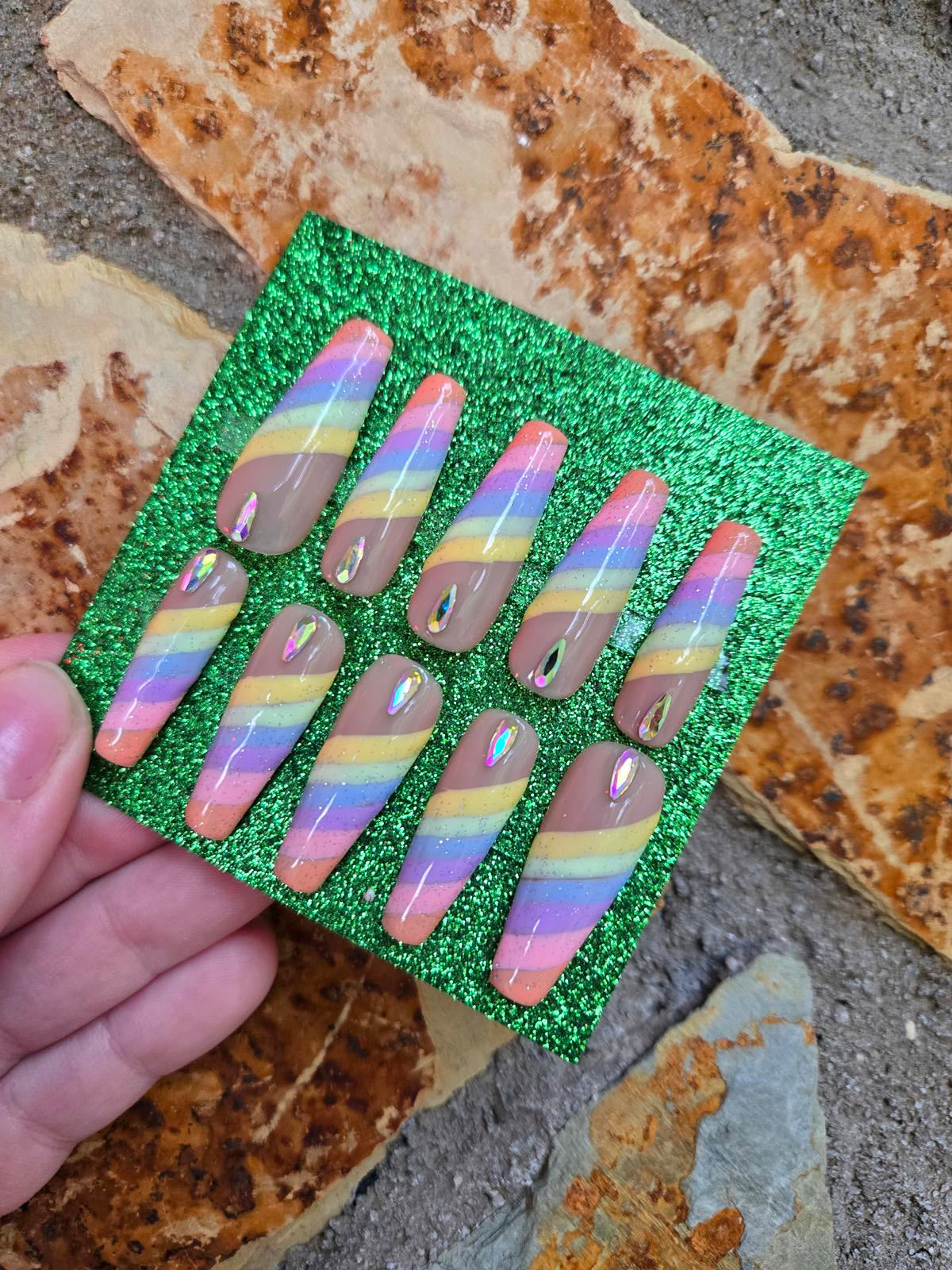 Nude and pastel rainbow striped nails custom made