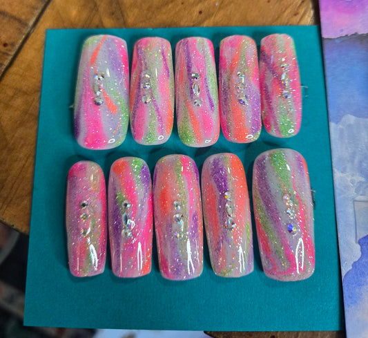 Neon watercolor square press on nails custom made