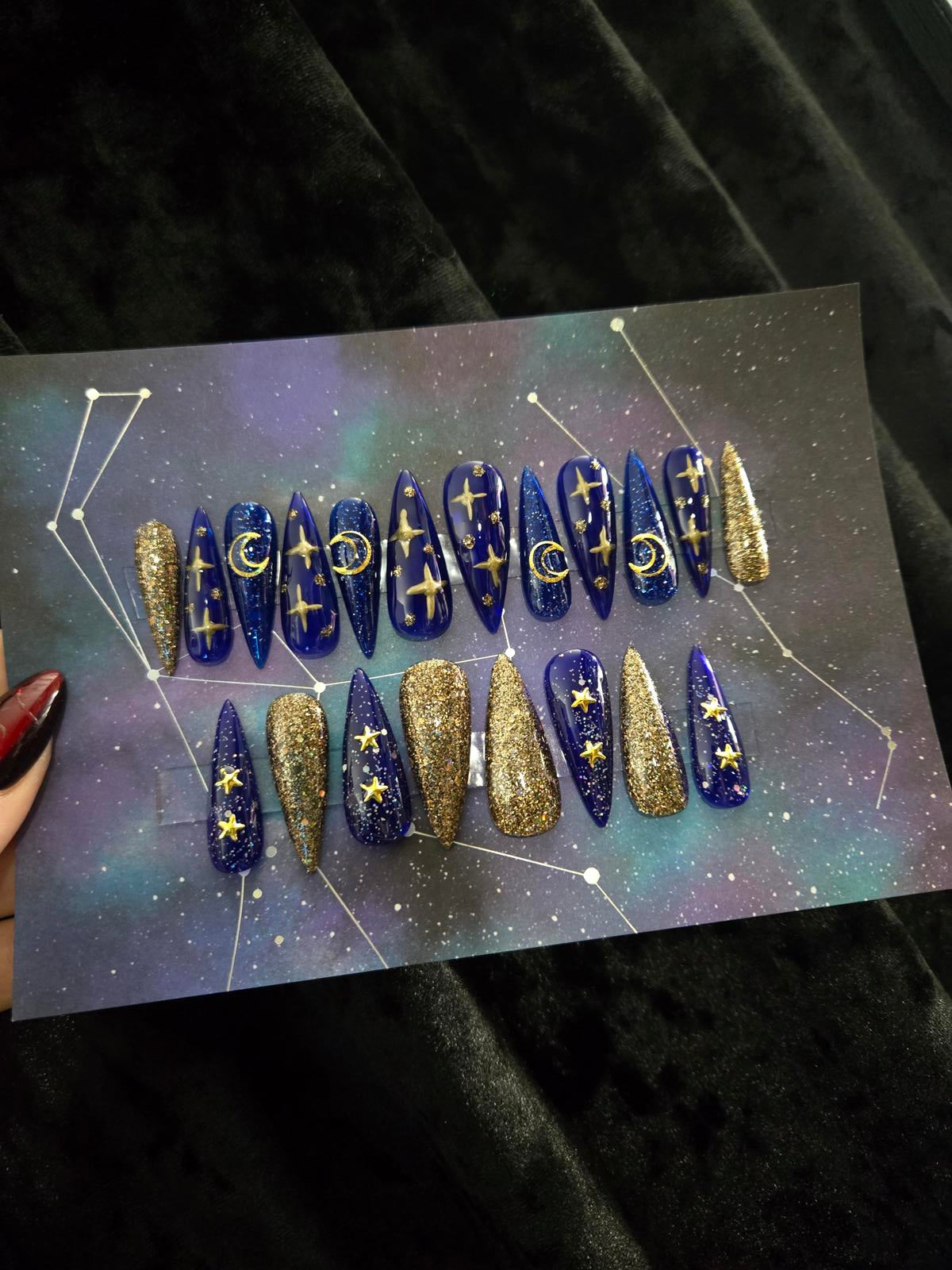 Blue and gold stiletto celestial press on nails custom made