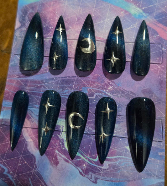 Celestial blue cats eye stiletto press on nails custom made