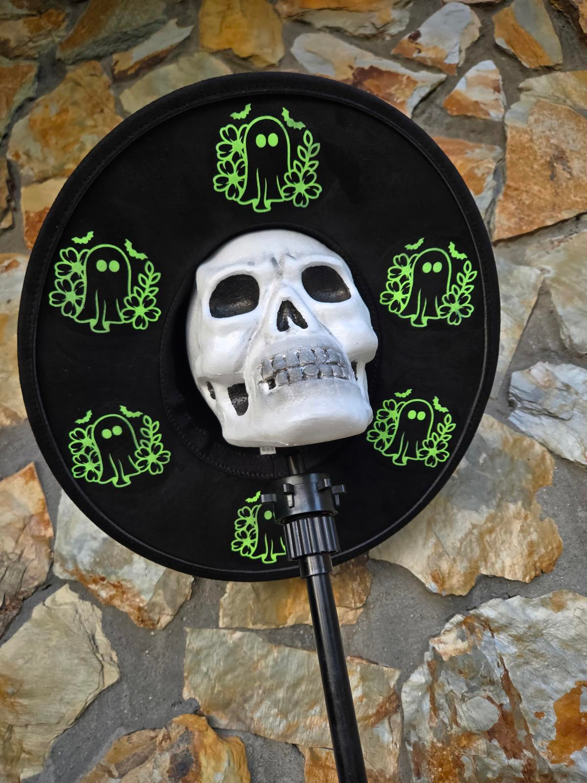 Black and neon ghost vegan wide brim fedora hat witchy goth