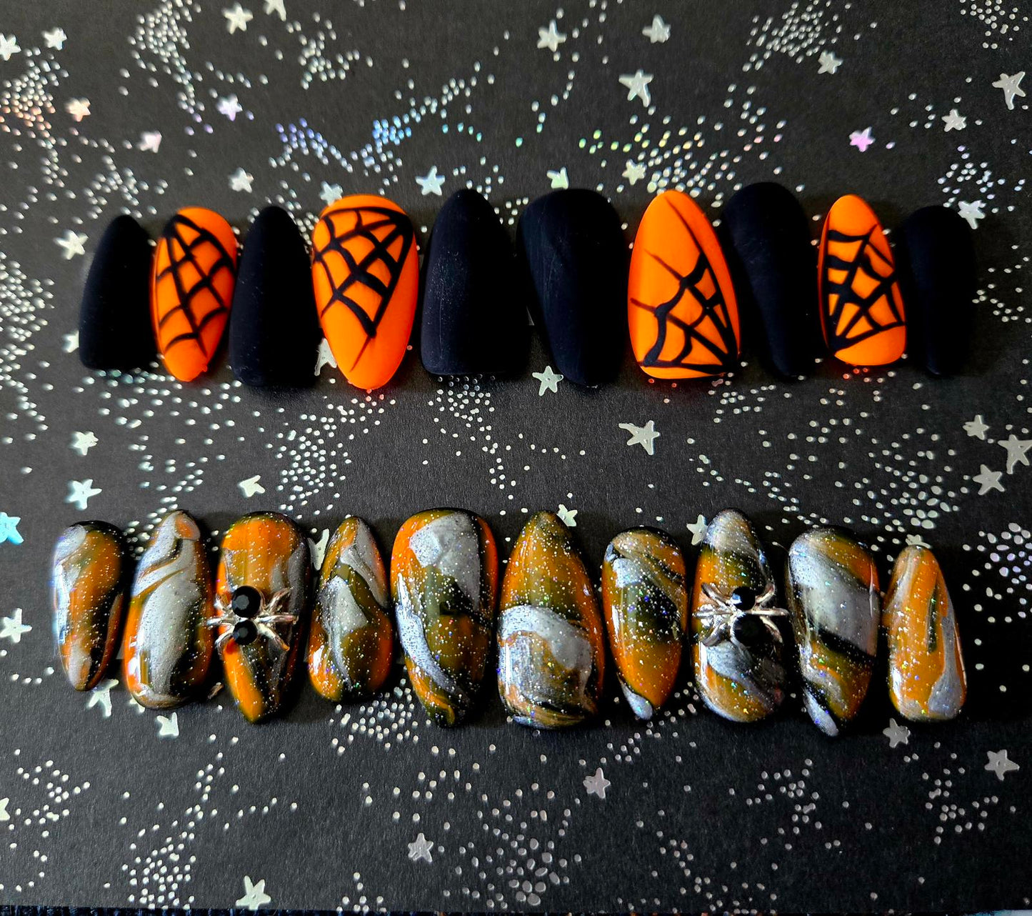 Halloween orange and black marble spiderweb nails custom made
