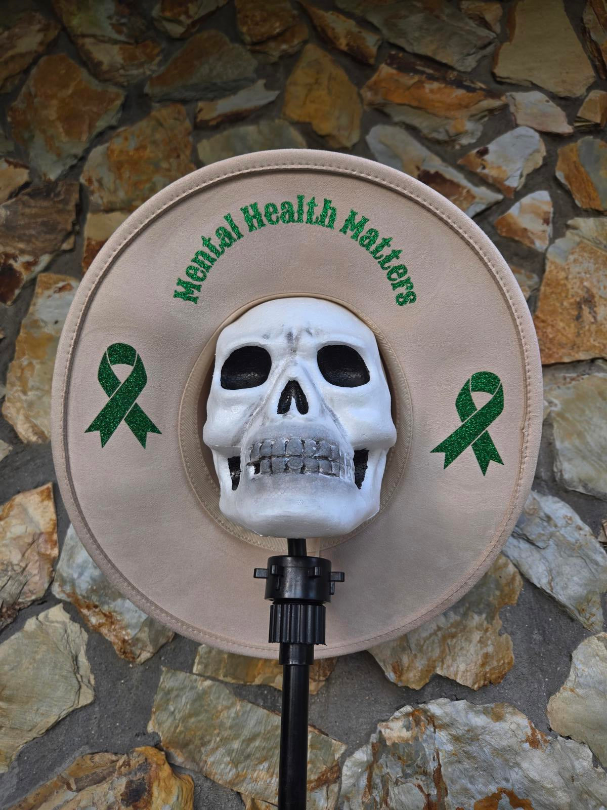 Cream fedora Wide brim hat - glitter green Mental Health matters support ribbons
