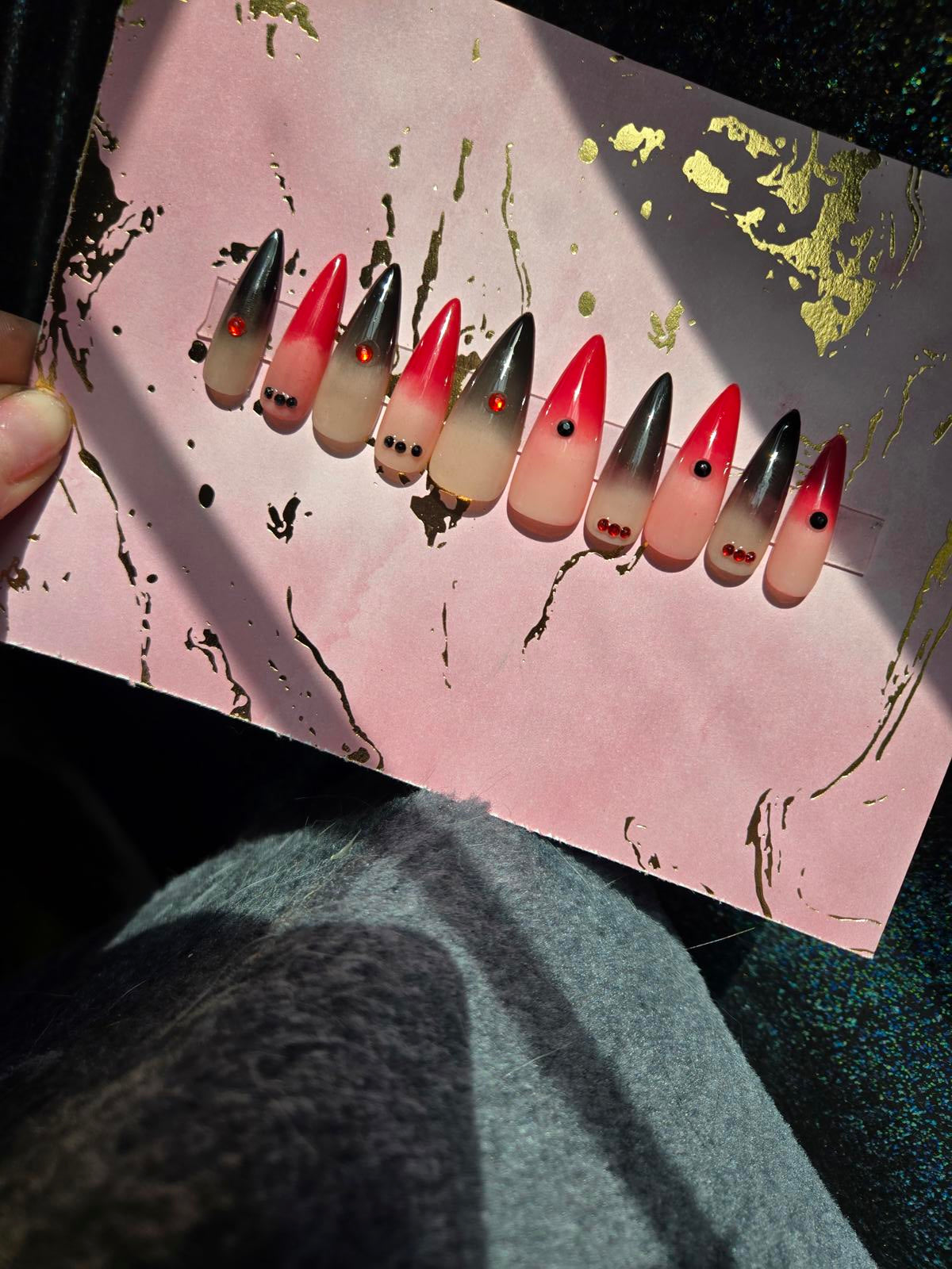 handmade stiletto red and black ombre gothic press on nails