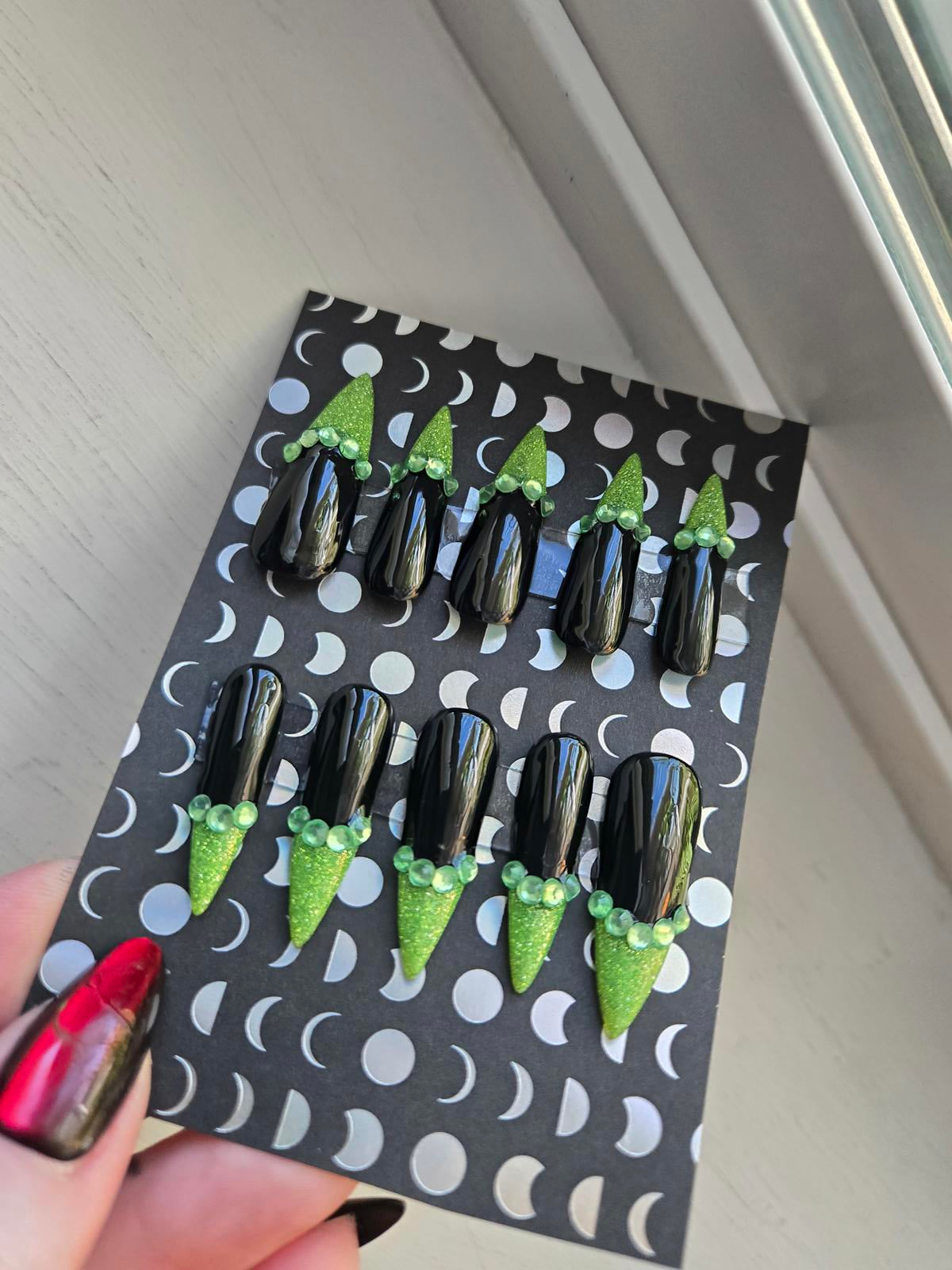 Black and glitter green french tip rhinestone press on nails custom made