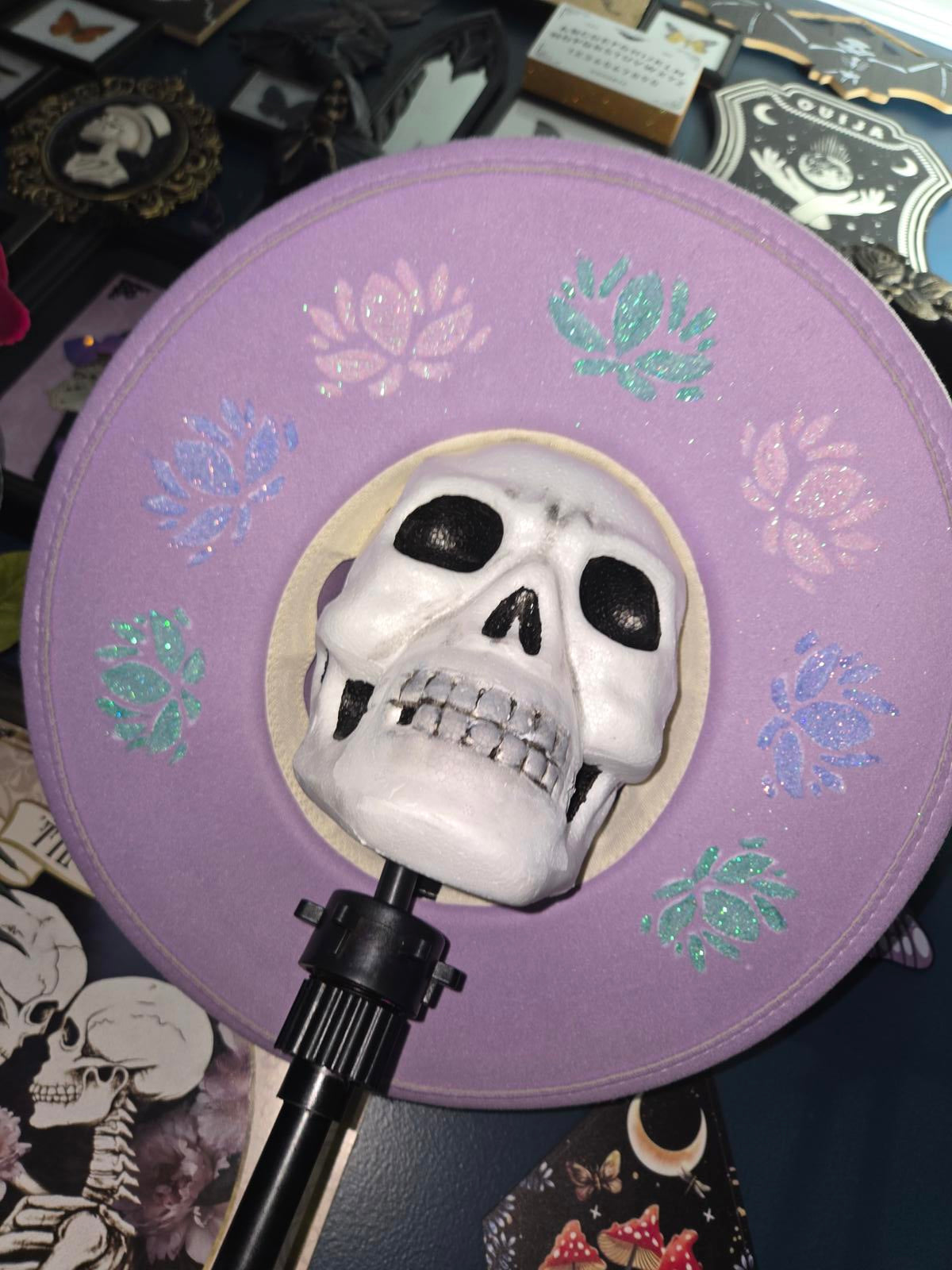 Lilac vegan suede wide brim fedora hat with glitter succulents