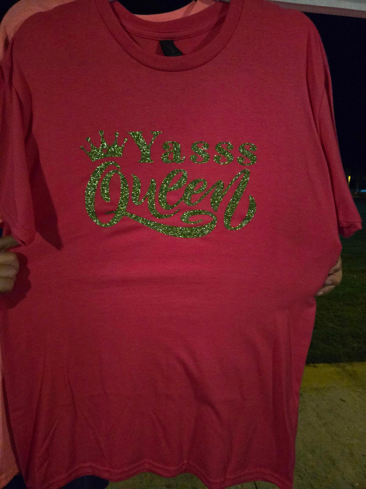 yasss queen pick and green glitter t shirt