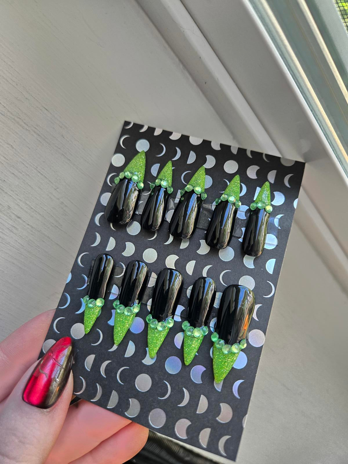 Black and glitter green french tip rhinestone press on nails custom made