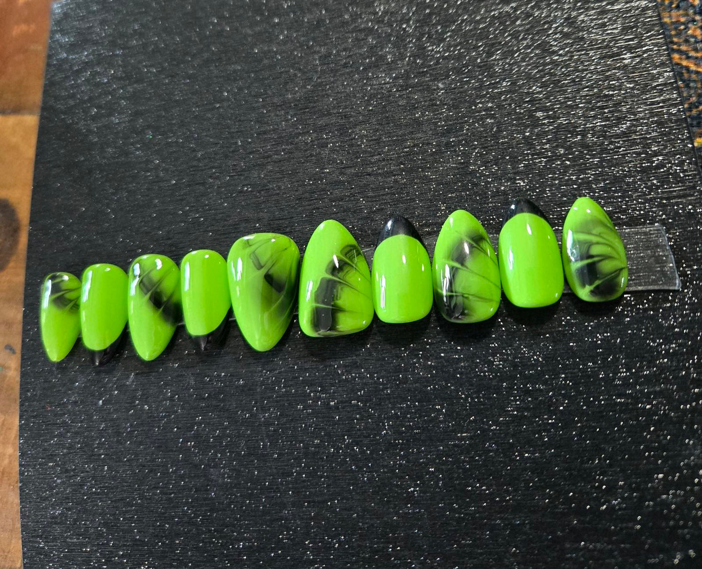 Neon green and black almond nails custom made