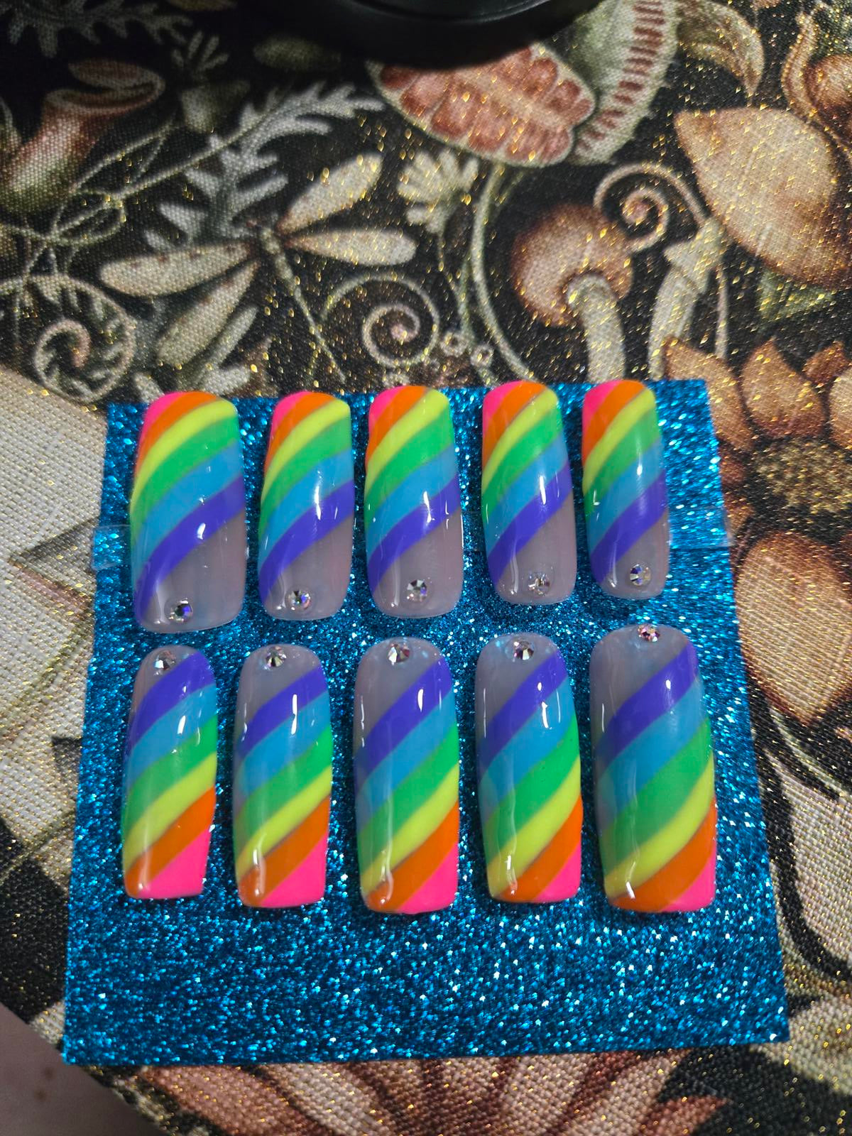 Rainbow striped square press on nails custom made